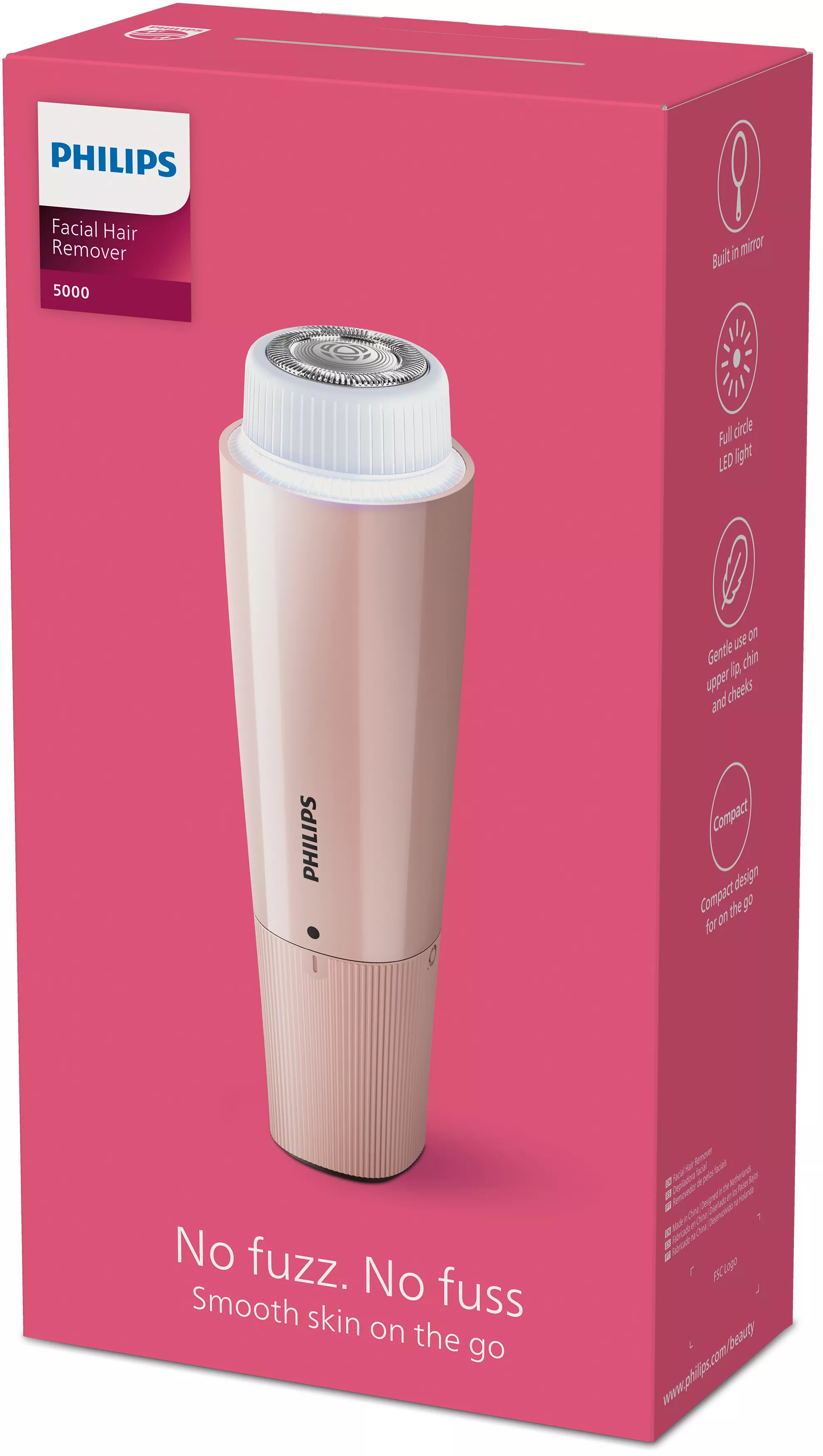 Różowe pudełko depilatora do twarzy Philips. Pudełko zawiera zdjęcia produktu i jego cech.
