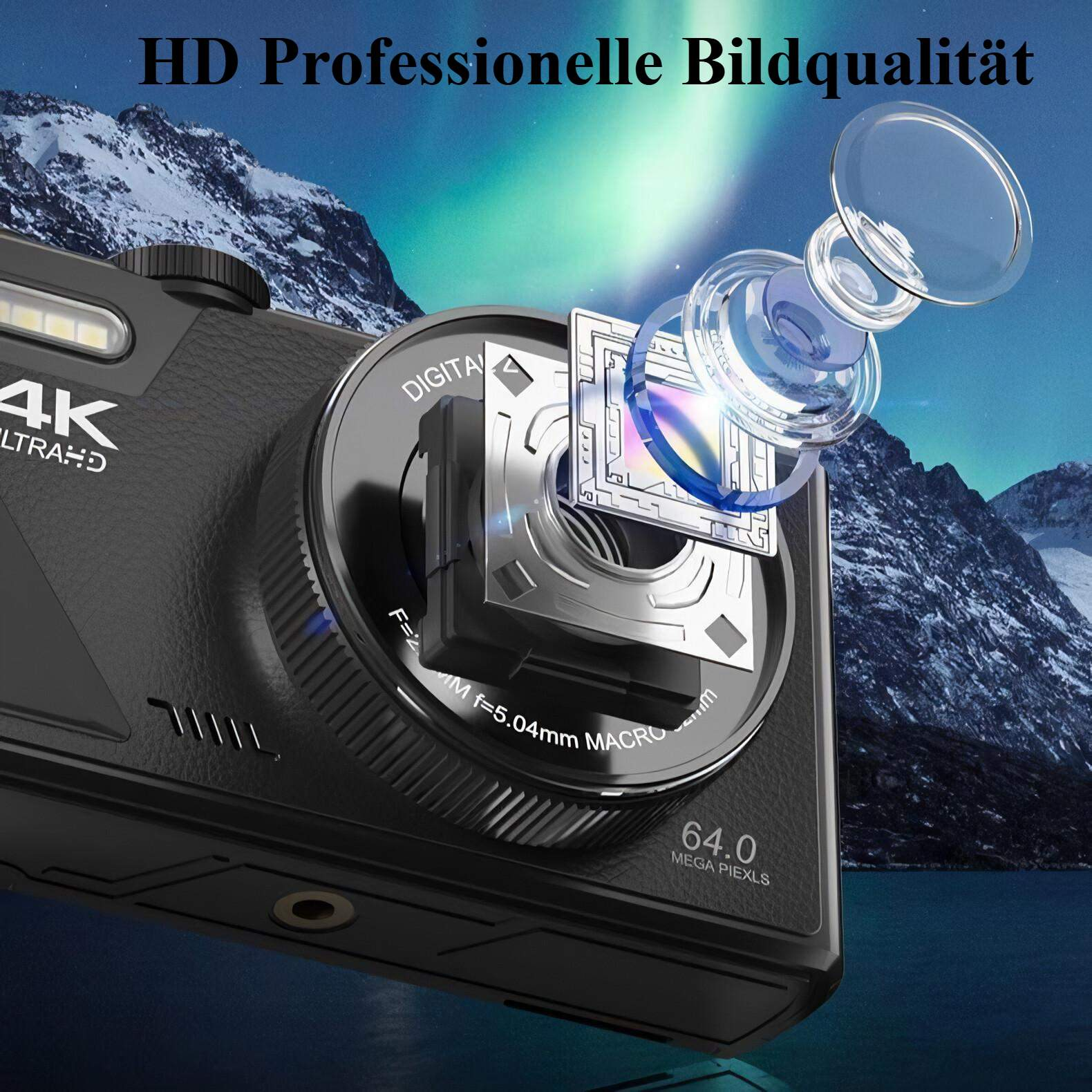 Schwarze Digitalkamera mit sichtbarem Objektiv und Innenteilen, mit einem Berg und einem See im Hintergrund.