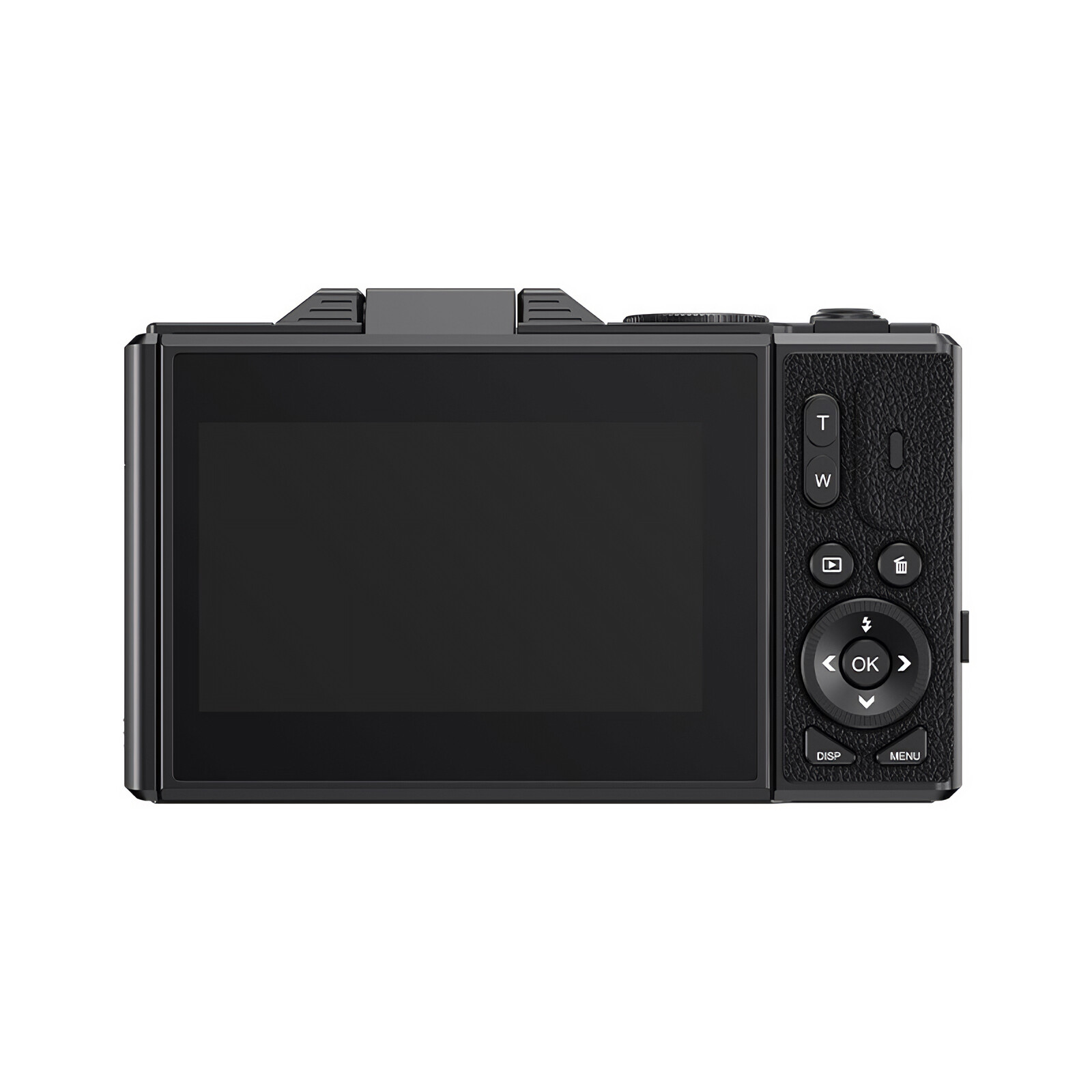 Schwarze Digitalkamera mit einem Bildschirm, der ein leeres schwarzes Bild anzeigt, mit Knöpfen rechts.