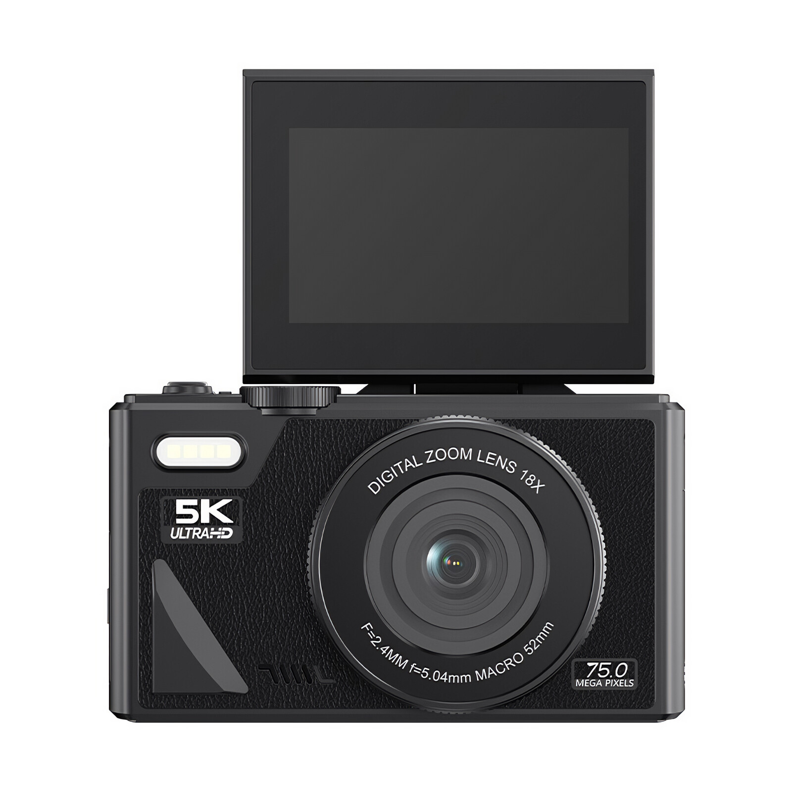 Eine schwarze Digitalkamera mit hochklappbarem Display, Objektiv und Knöpfen.