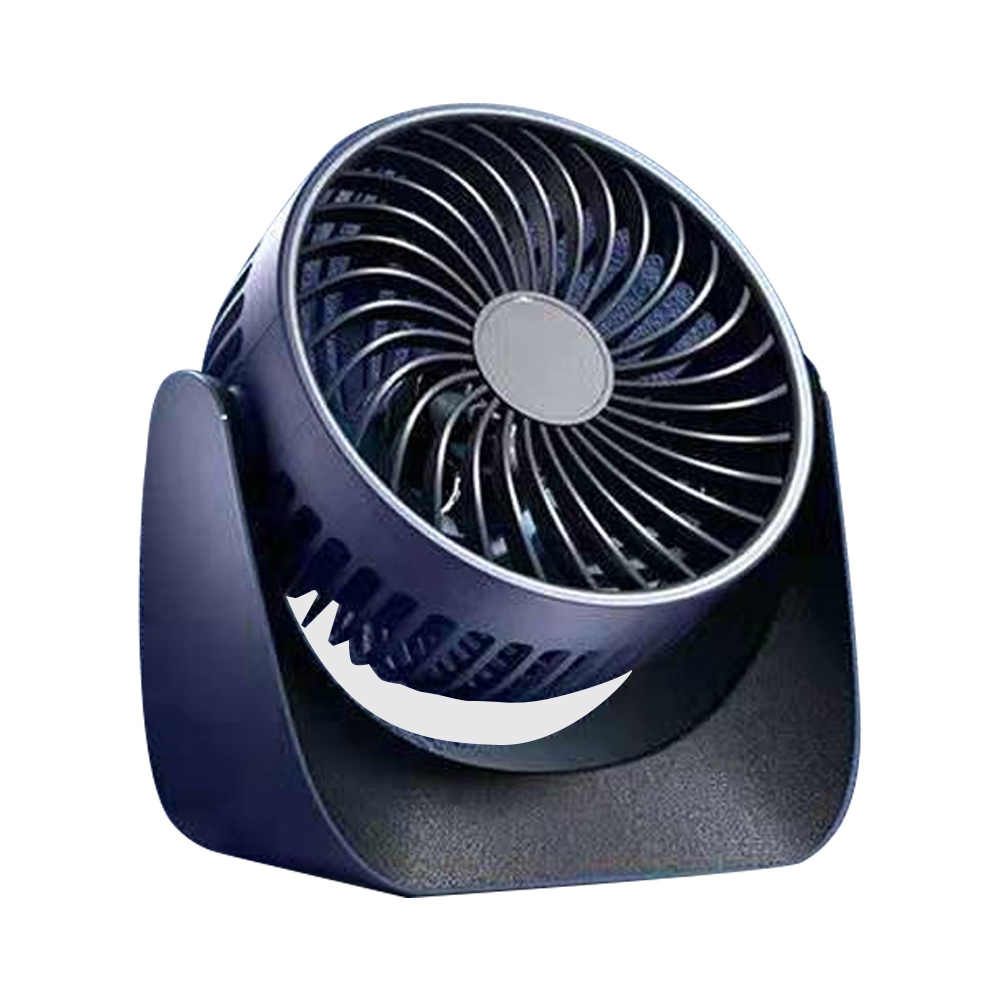 Dunkelblauer Schreibtischventilator mit gebogener Basis und rundem Kopf.