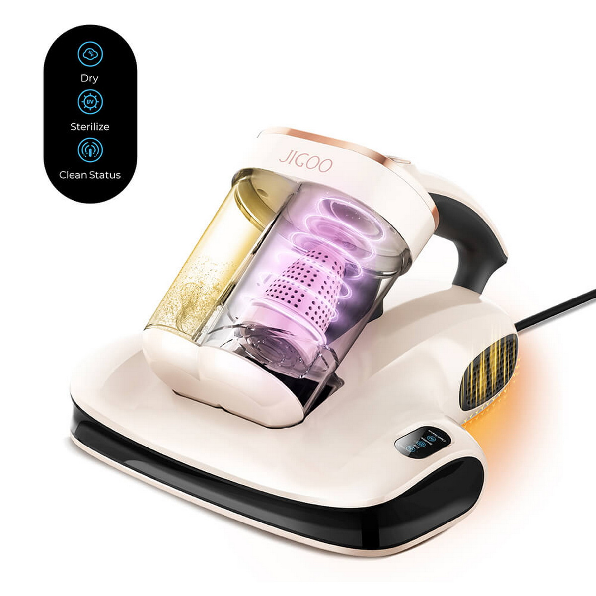 Un aspirapolvere portatile bianco e crema con un contenitore trasparente, che mostra l'interno.