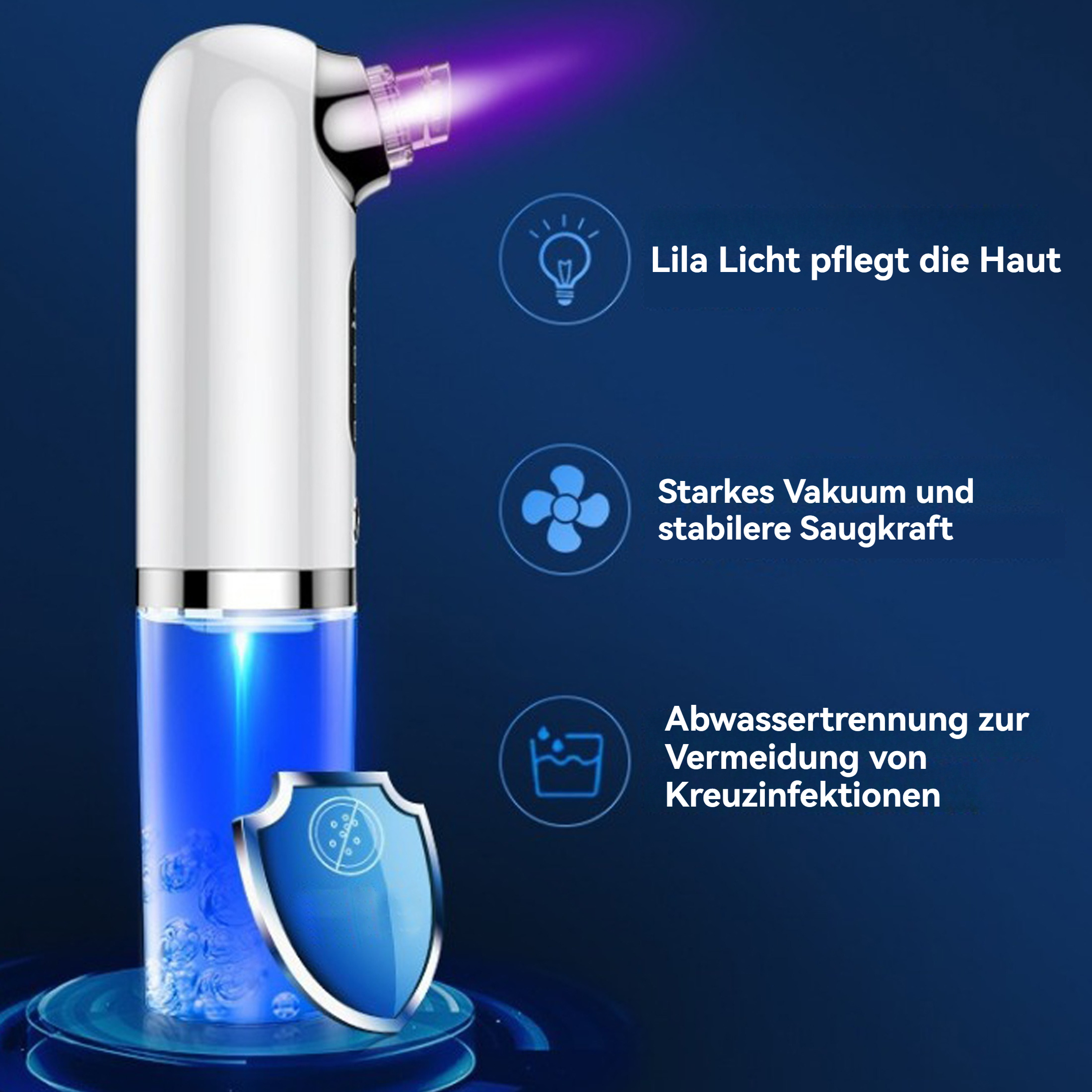 Gesichtsporenreiniger mit deutschem Text: Lila Licht, starkes Vakuum, Abwassertrennung.