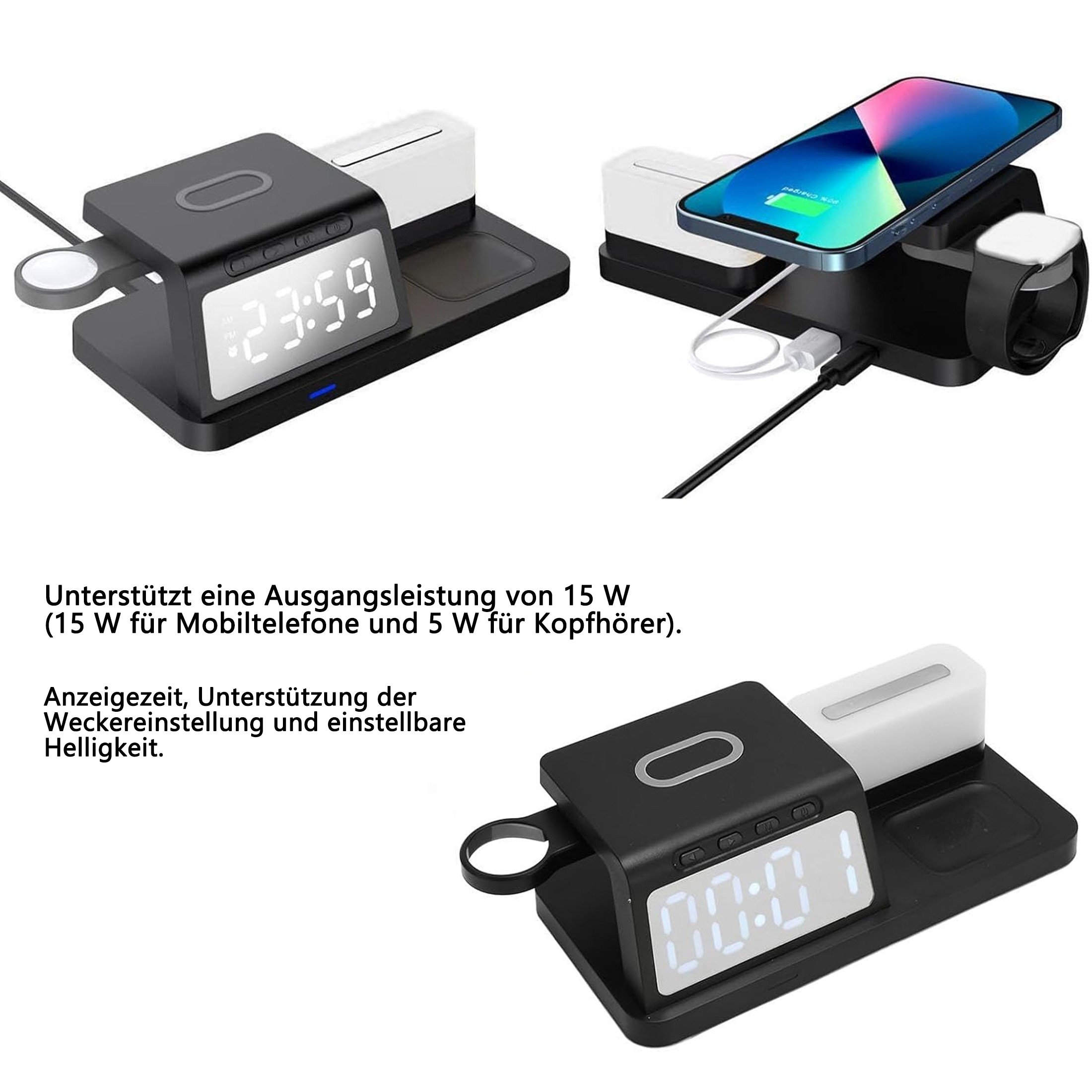Drei Bilder einer Ladestation mit Uhr, Telefon und Apple Watch. Text auf Deutsch vorhanden.