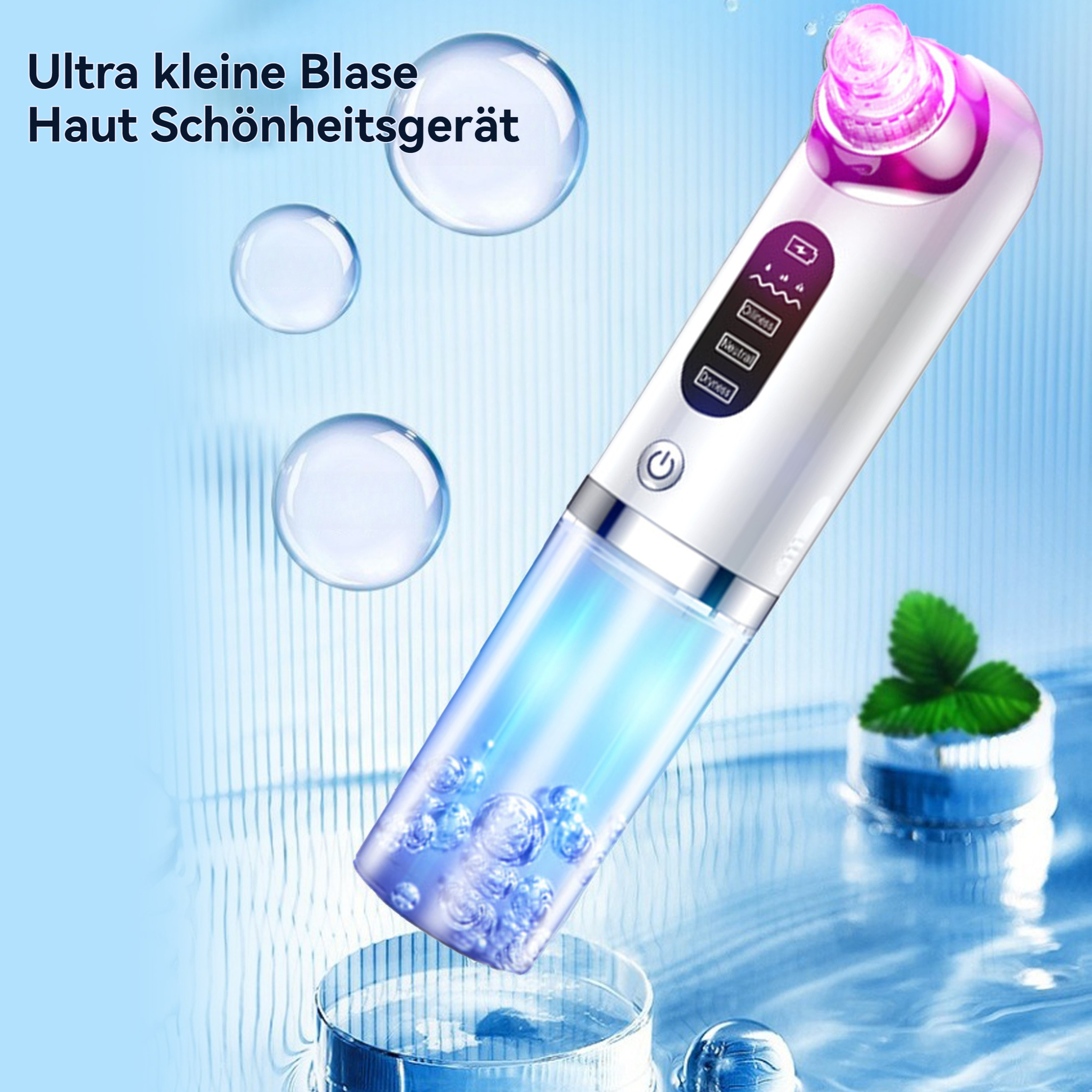 Ein weißes Schönheitsgerät mit blauer Flüssigkeitskammer und Blasen, mit Text auf Deutsch und einem grünen Blatt.