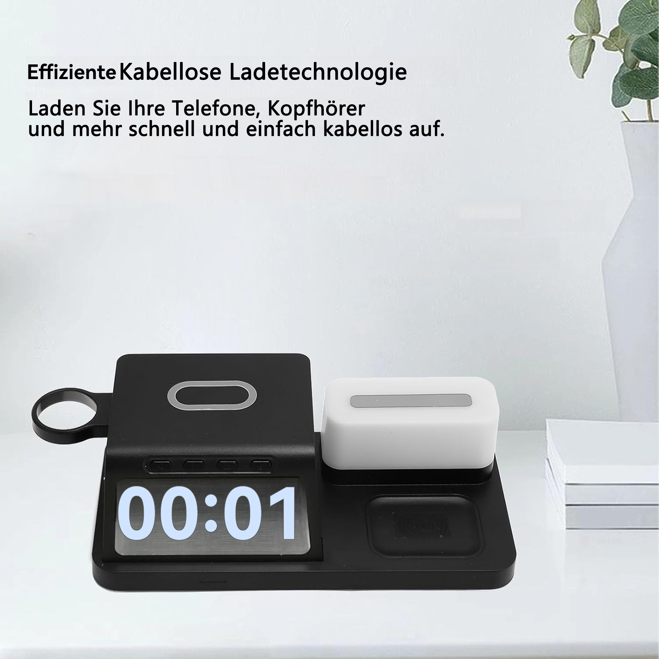 Schwarze kabellose Ladestation mit Digitaluhr, die 00:01 anzeigt.