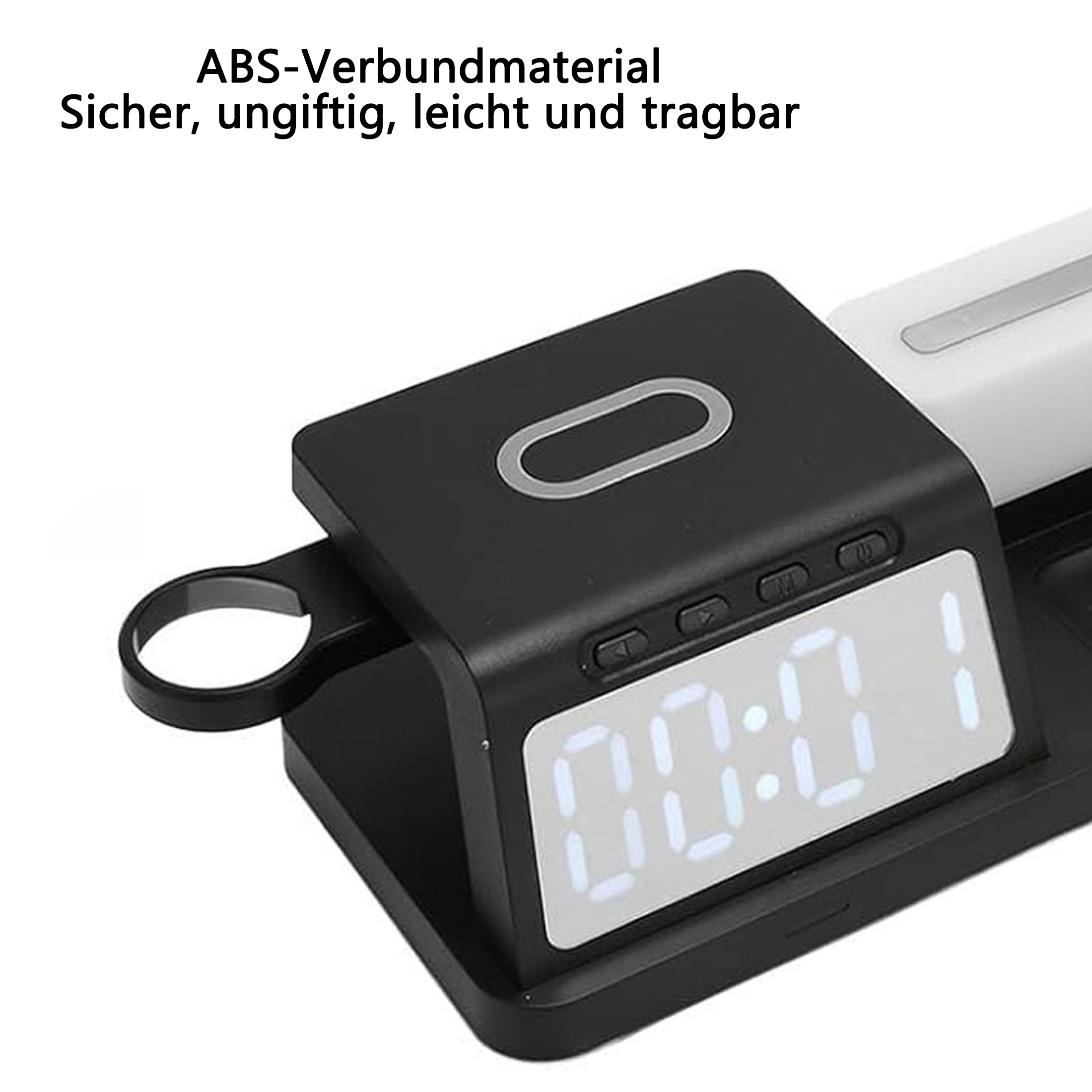 Nahaufnahme einer schwarzen kabellosen Ladestation mit Digitaluhr 00:01.