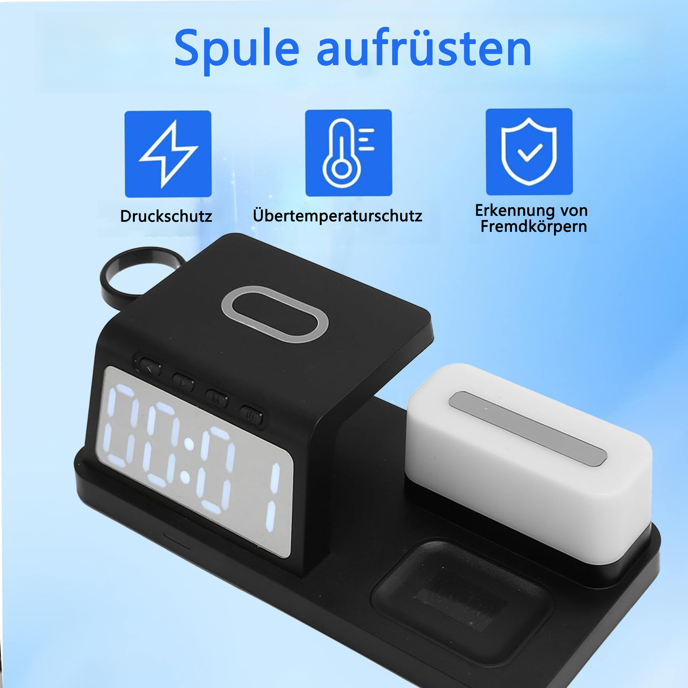 Nahaufnahme einer Ladestation mit Wecker und weißem Block. Text auf Deutsch vorhanden.