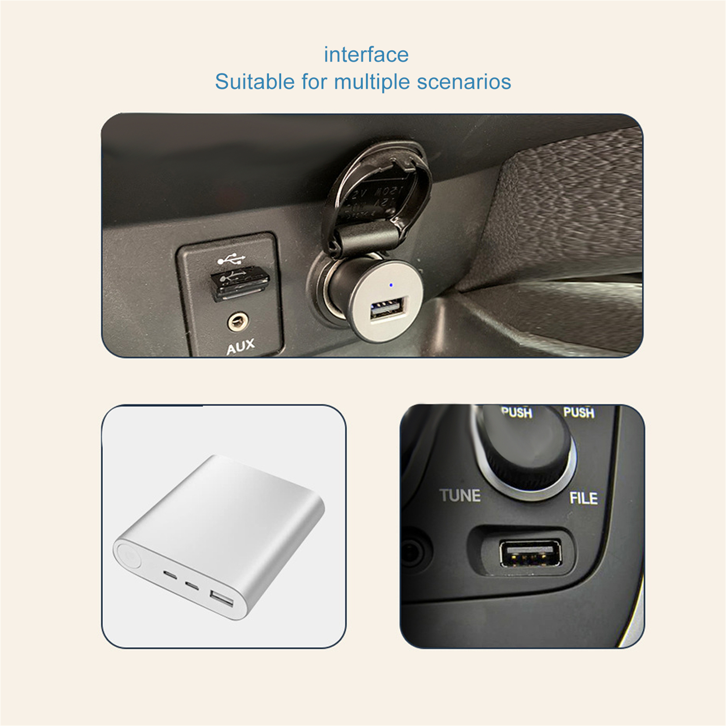 Nahaufnahmen des Innenraums eines Autos, einschließlich eines USB-Anschlusses, eines AUX-Anschlusses und einer silbernen Powerbank.