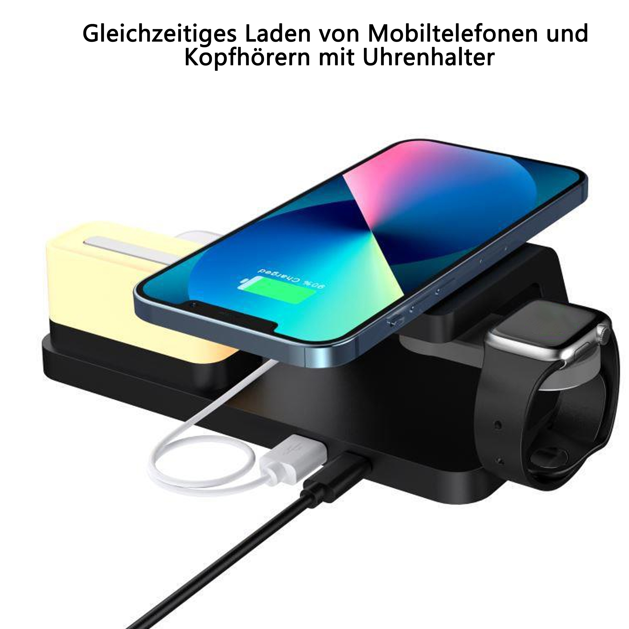 Schwarze Ladestation mit Telefon-, Uhren- und Kopfhörerladegerät.