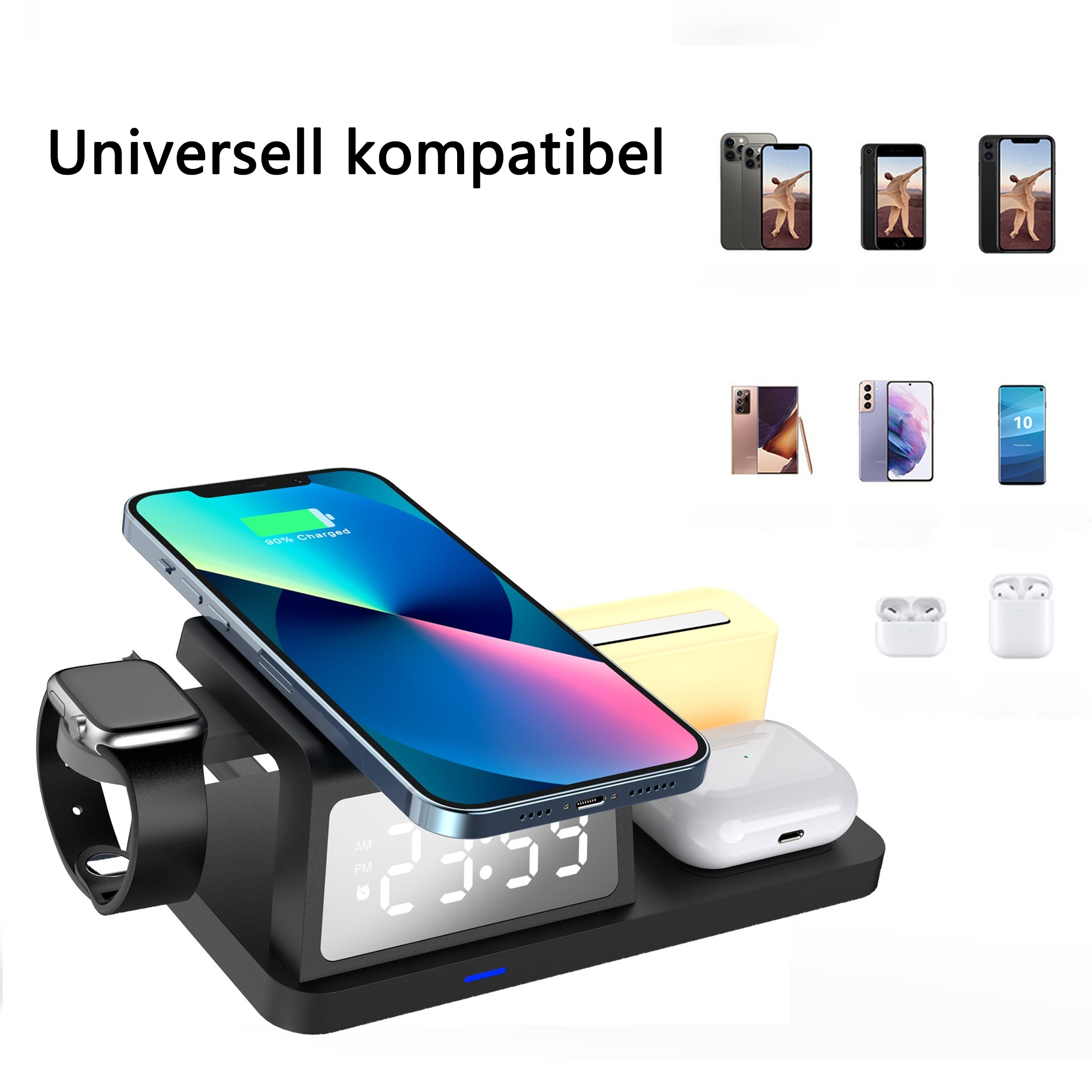 Ladestation mit Telefon, Uhr und Ohrhörern, plus Telefonbeispiele.
