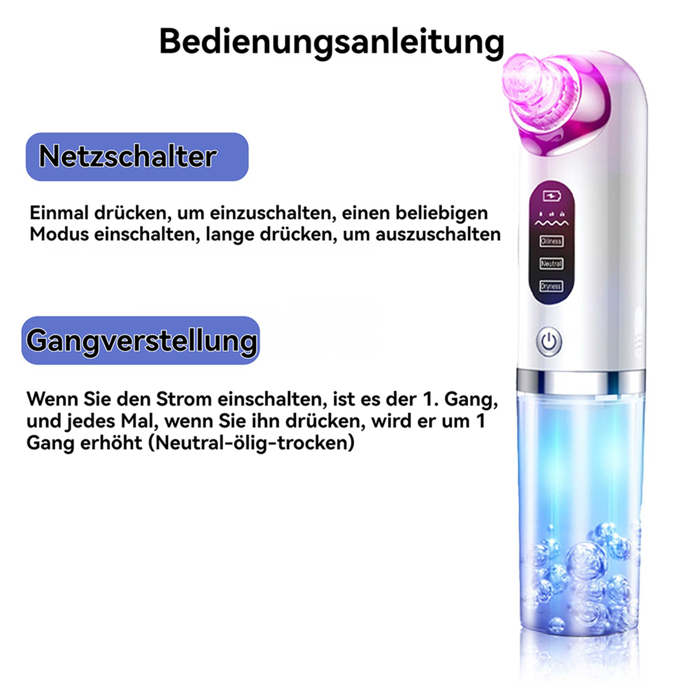 Ein Porenvakuumgerät mit beschrifteten Teilen und Anweisungen, einschließlich Leistungs- und Intensitätseinstellungen.