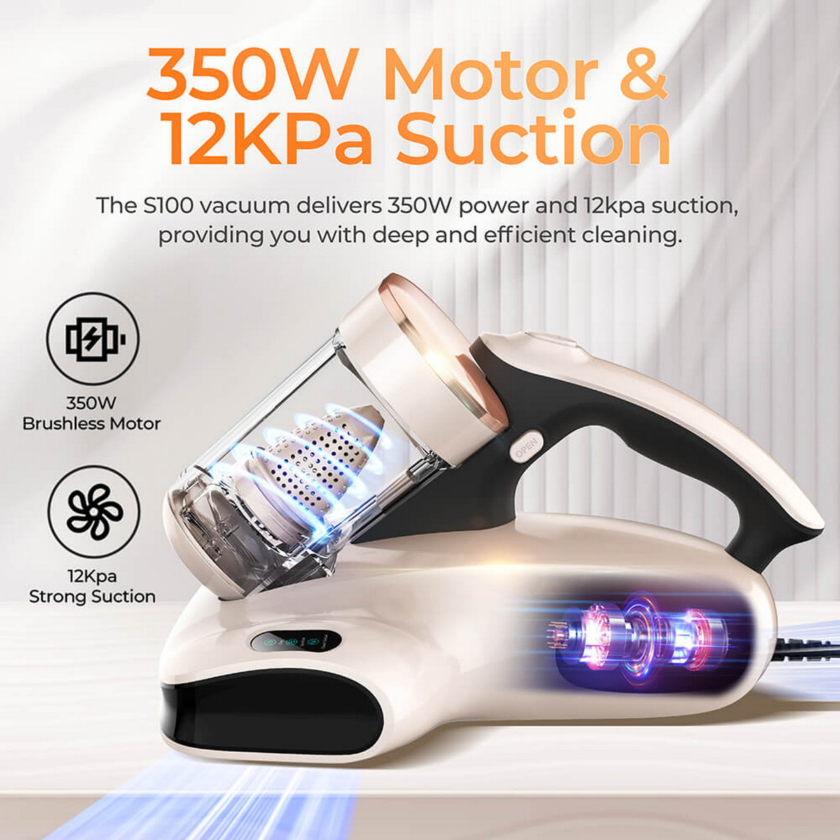 Viene mostrato un aspirapolvere senza fili, che evidenzia il suo motore da 350 W e la potenza di aspirazione di 12 KPa.