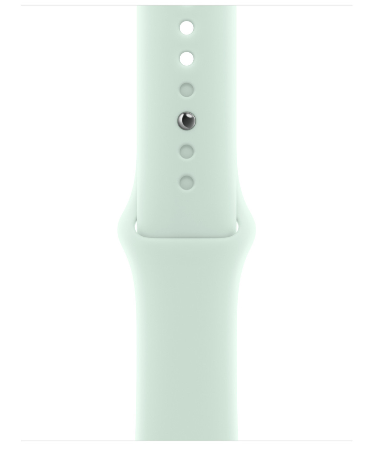 Zbliżenie miętowego paska do zegarka z otworami i srebrną klamrą. Białe tło.