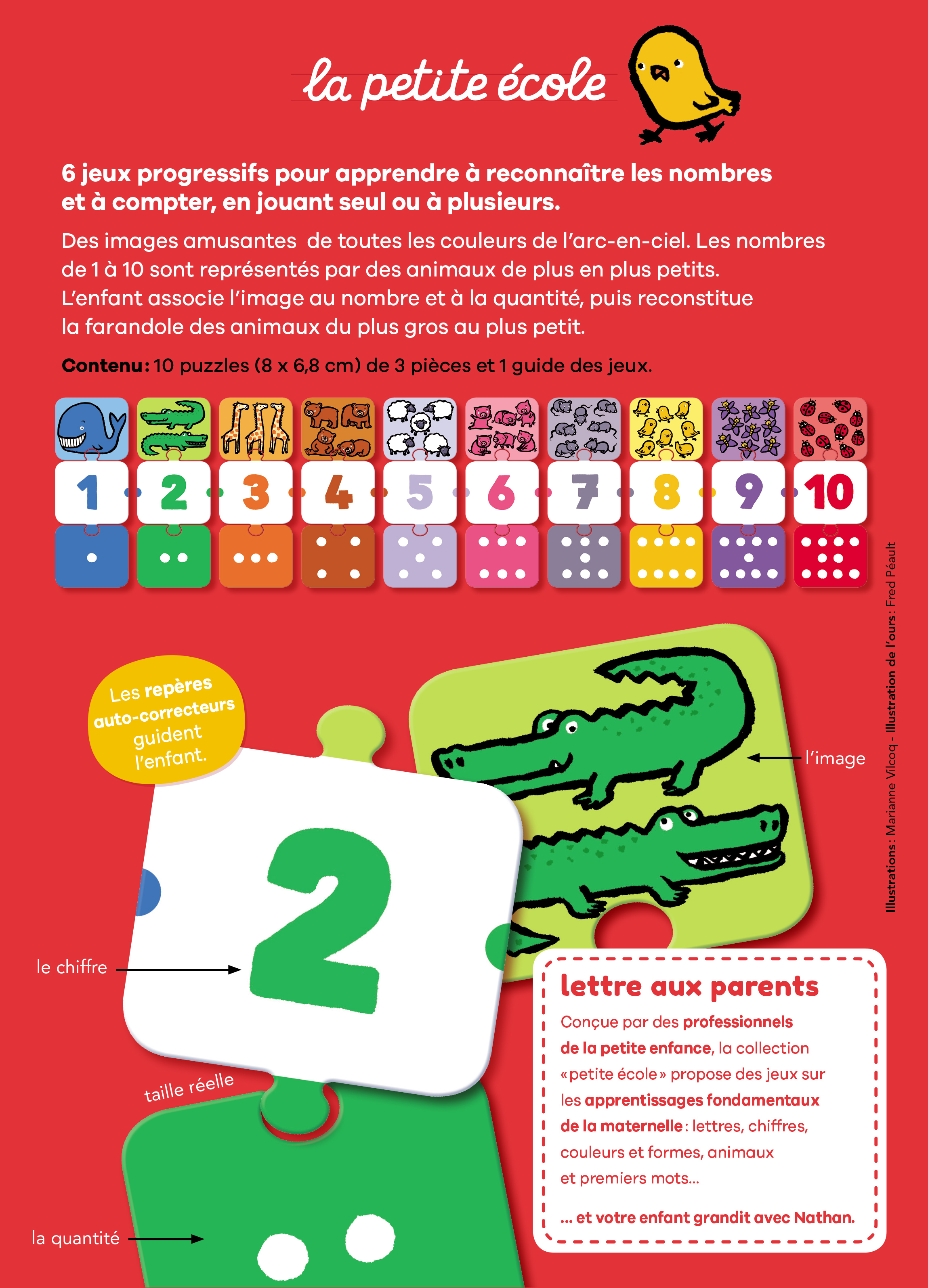 Lernspielbox mit Löwenillustration, bunten Karten und dem Text 'la petite école'.