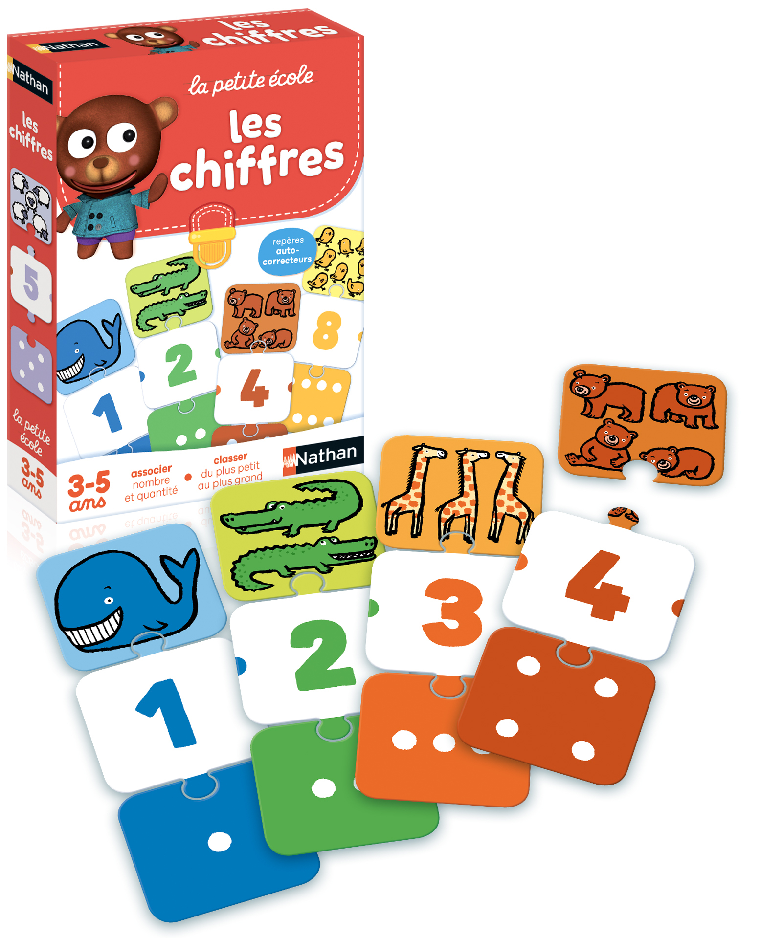 Ein farbenfrohes Lernspiel für Kinder, einschließlich Karten mit Zahlen und Illustrationen. Weißer Hintergrund.