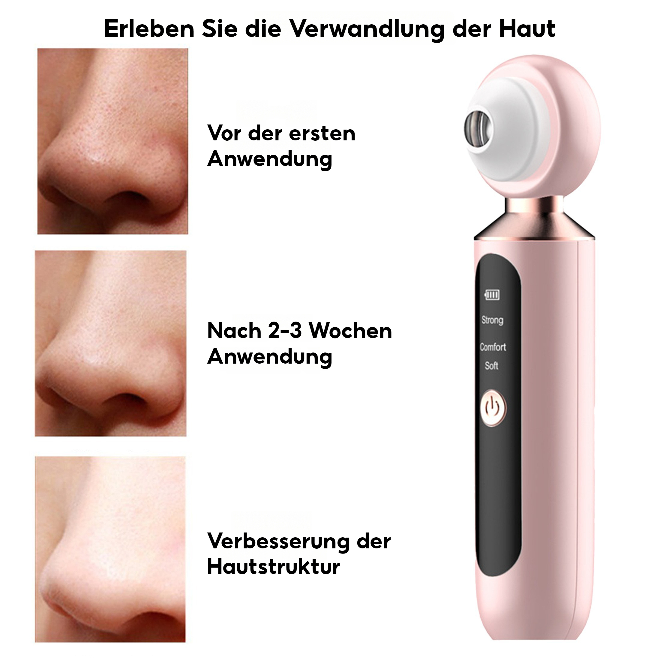 Hautpflegegerät und Vergleich der Haut vor und nach der Anwendung.