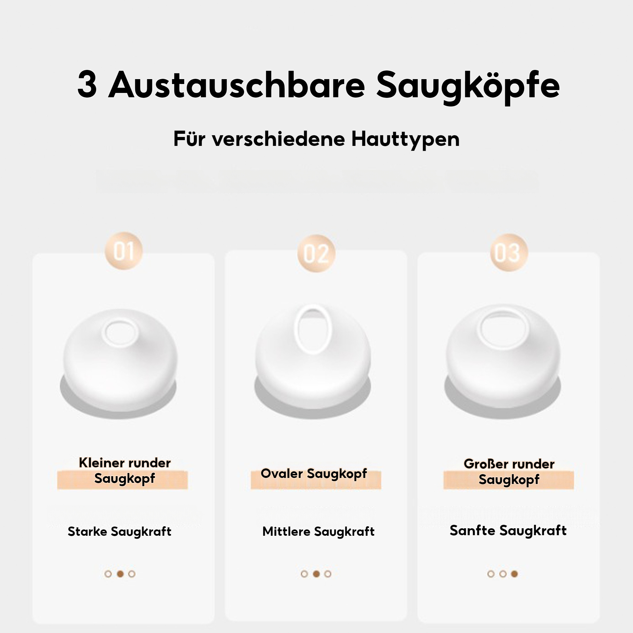 Bilder von drei verschiedenen Saugköpfen für ein Hautpflegegerät.