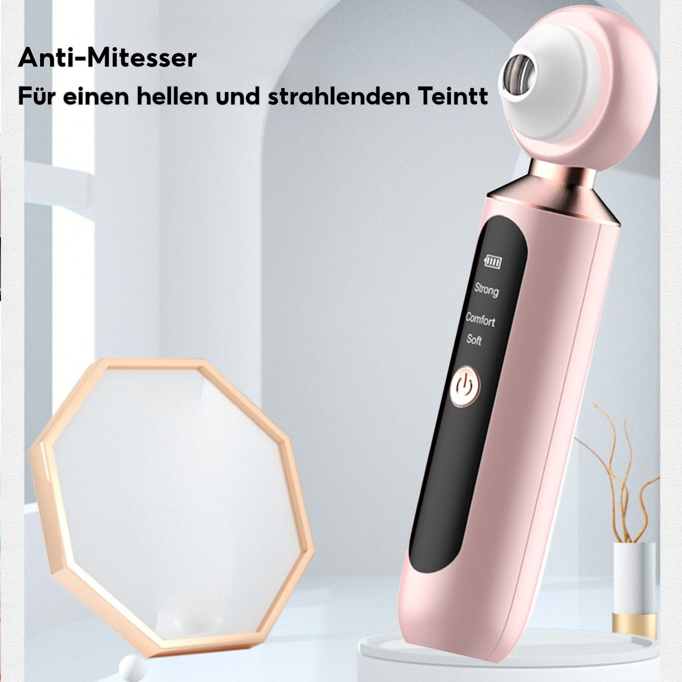 Ein rosa Hautpflegegerät mit Spiegel und Text. Weißer Hintergrund. Das Gerät hat einen Einschaltknopf.