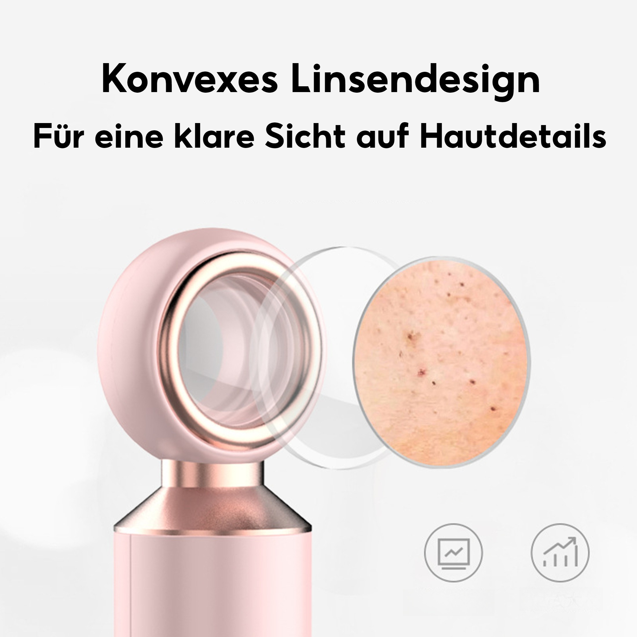 Ein rosa Hautpflegegerät mit Lupe, die Hautstruktur zeigt. Text auf Deutsch. Weißer Hintergrund.