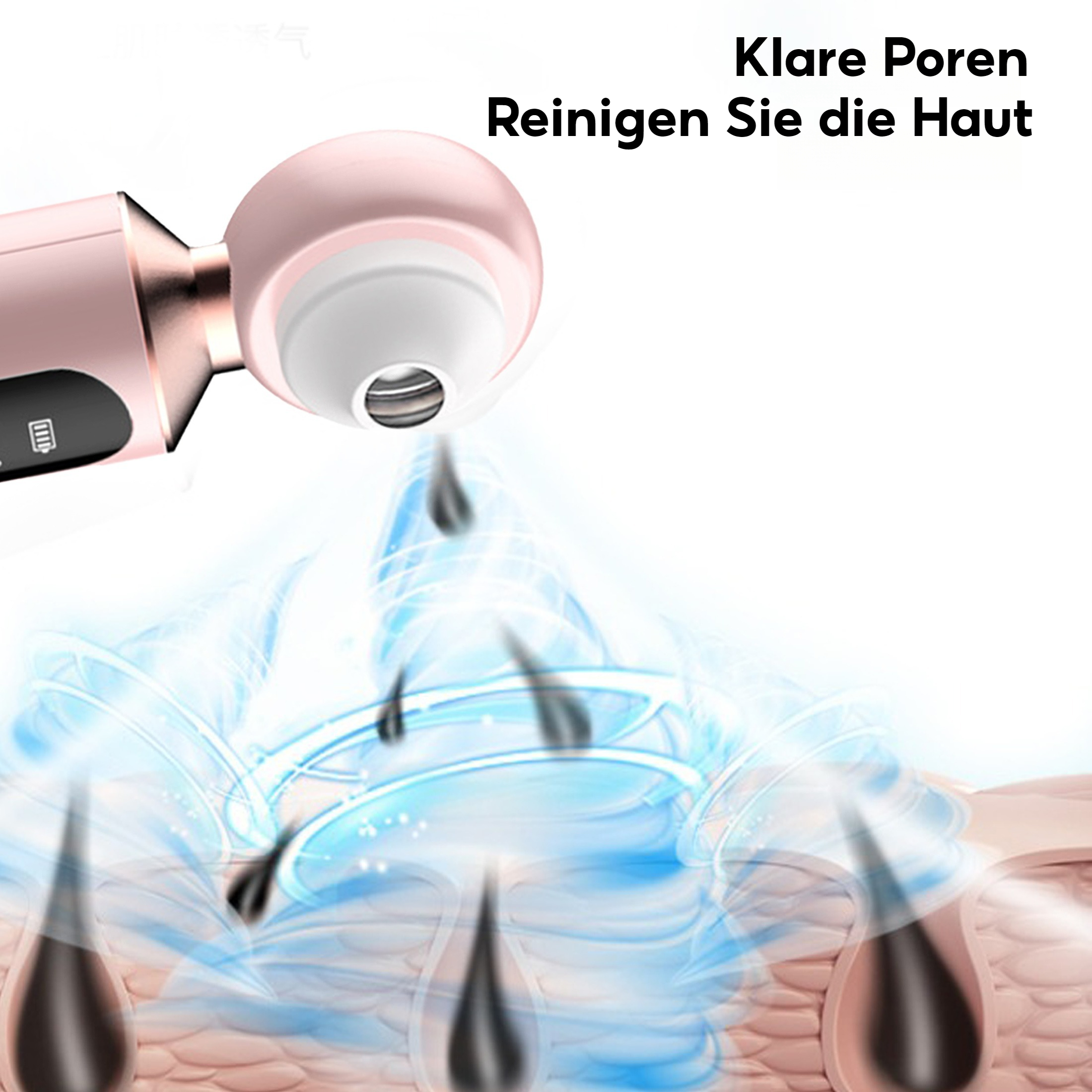 Ein rosa Gesichtsreinigungsgerät mit rundem Kopf, Wassertropfen und Hautporen.