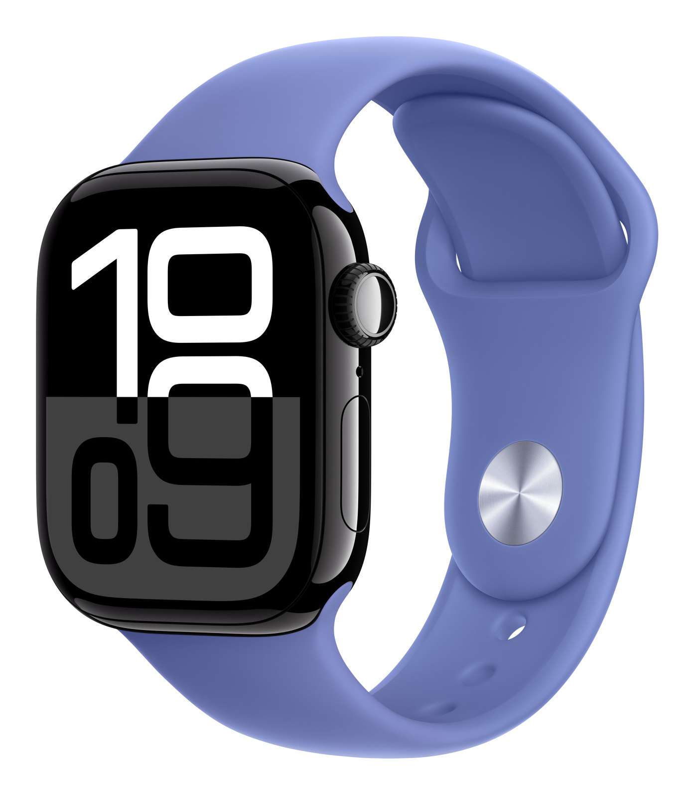Zbliżenie na Apple Watch z niebieskim paskiem.