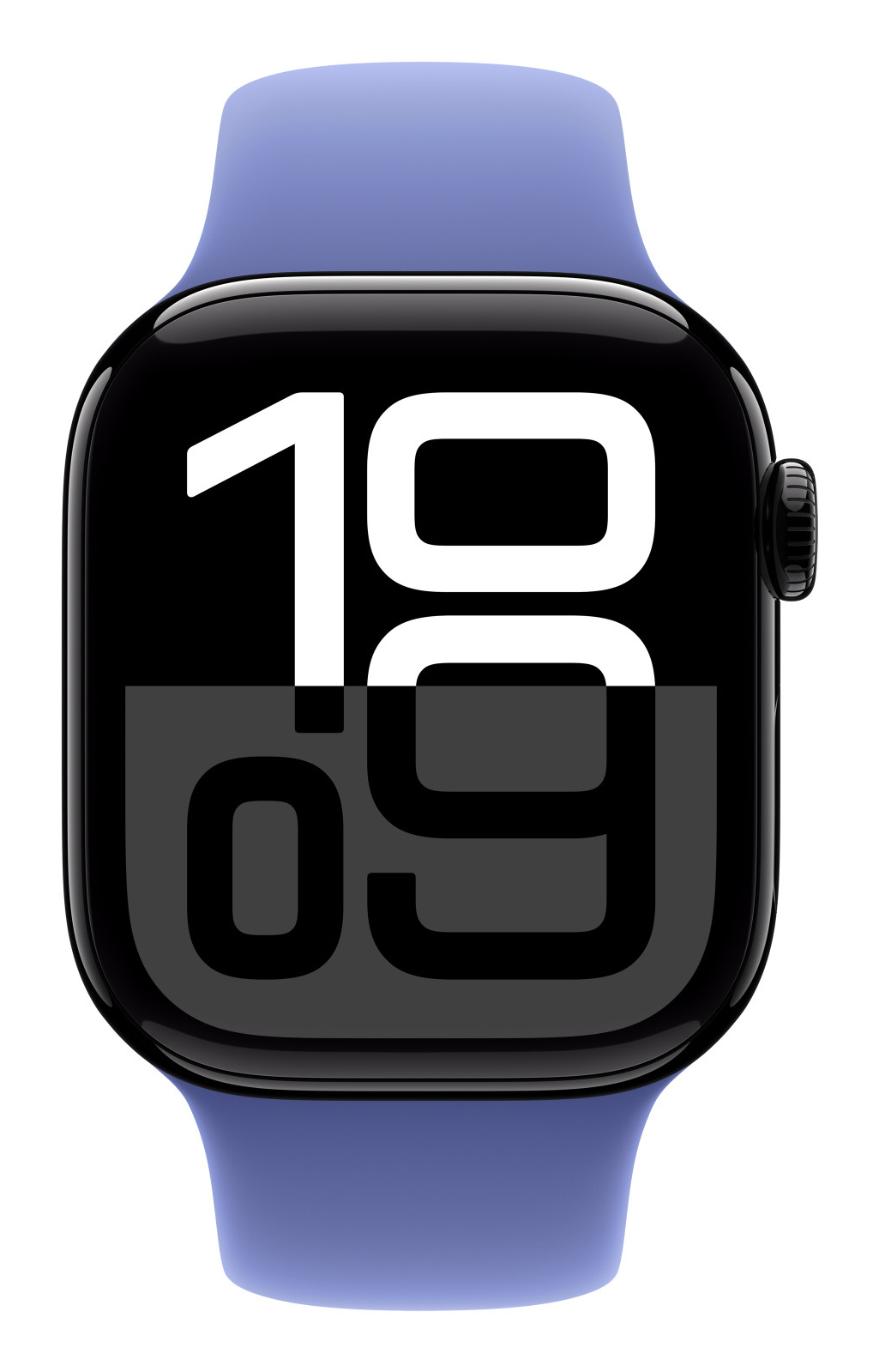 Czarny zegarek Apple z niebieskim paskiem wyświetla godzinę 10:09 na ekranie.