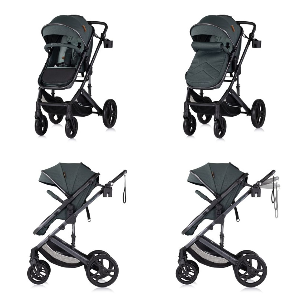 Verschiedene Ansichten eines Kinderwagens.