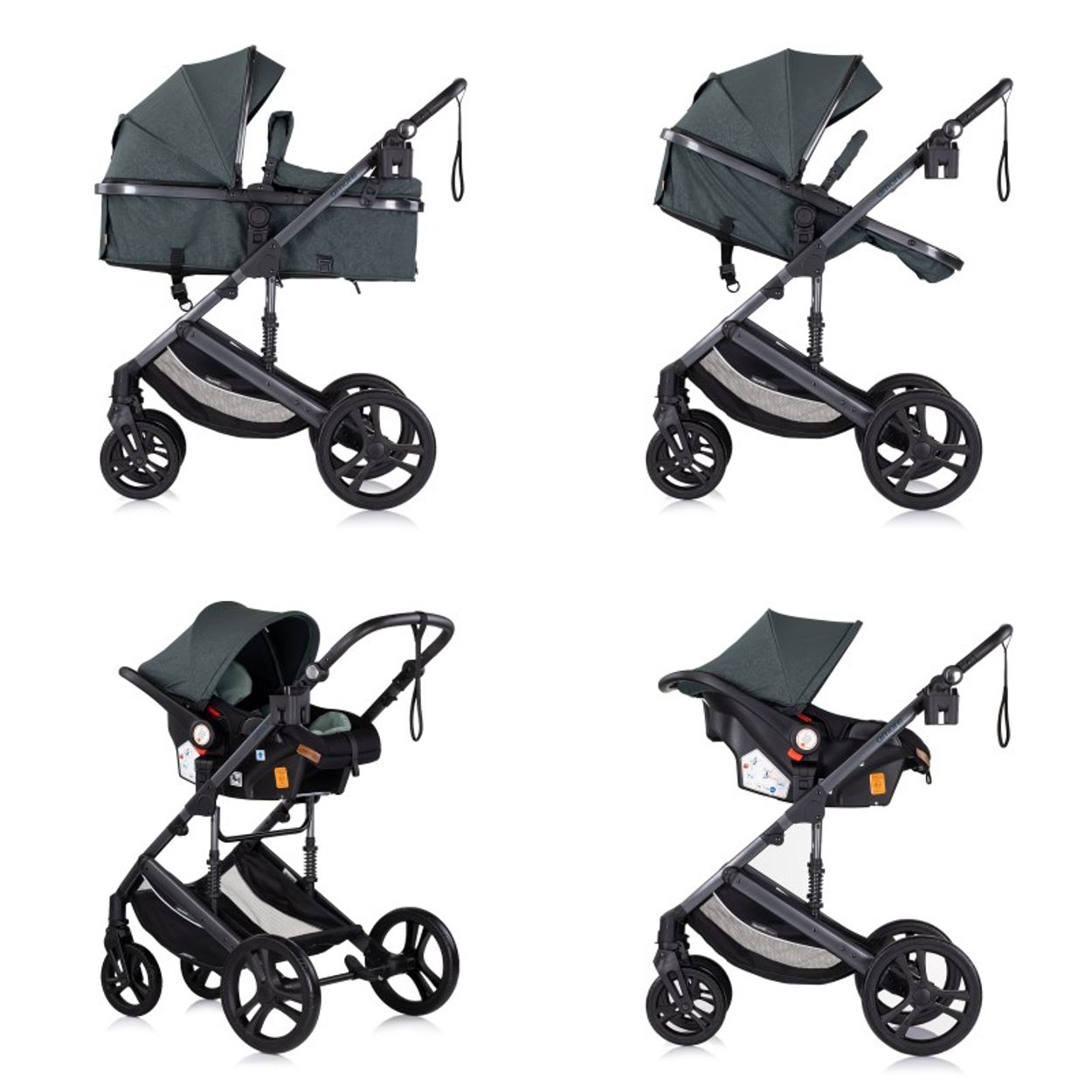 Vier Ansichten eines dunkelgrünen Kinderwagens. Der Kinderwagen hat verschiedene Konfigurationen, alle vor weißem Hintergrund.