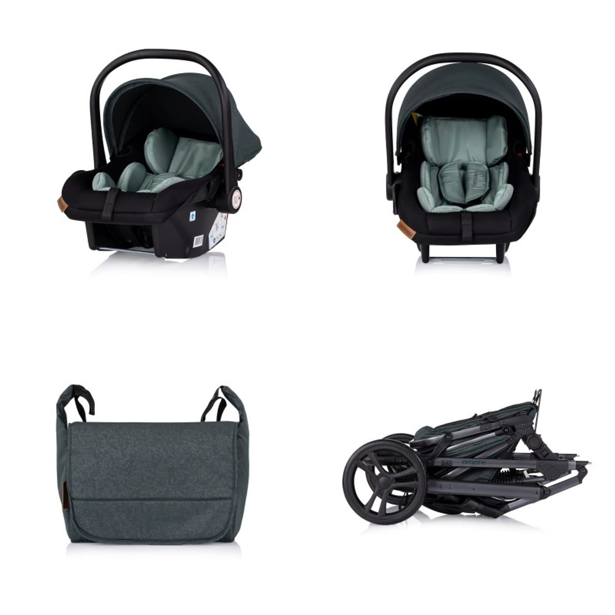 Vier Bilder, die ein Kinderwagen-Set mit dunkelgrünem Farbschema und Zubehör zeigen.