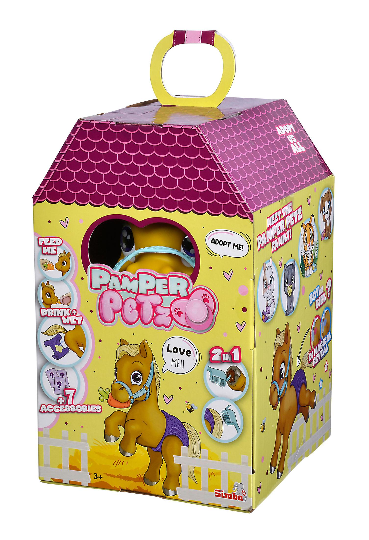 Una scatola gialla con un giocattolo a forma di cavallo. Il testo dice 'Pamper Petz' e 'Adopt Me'.