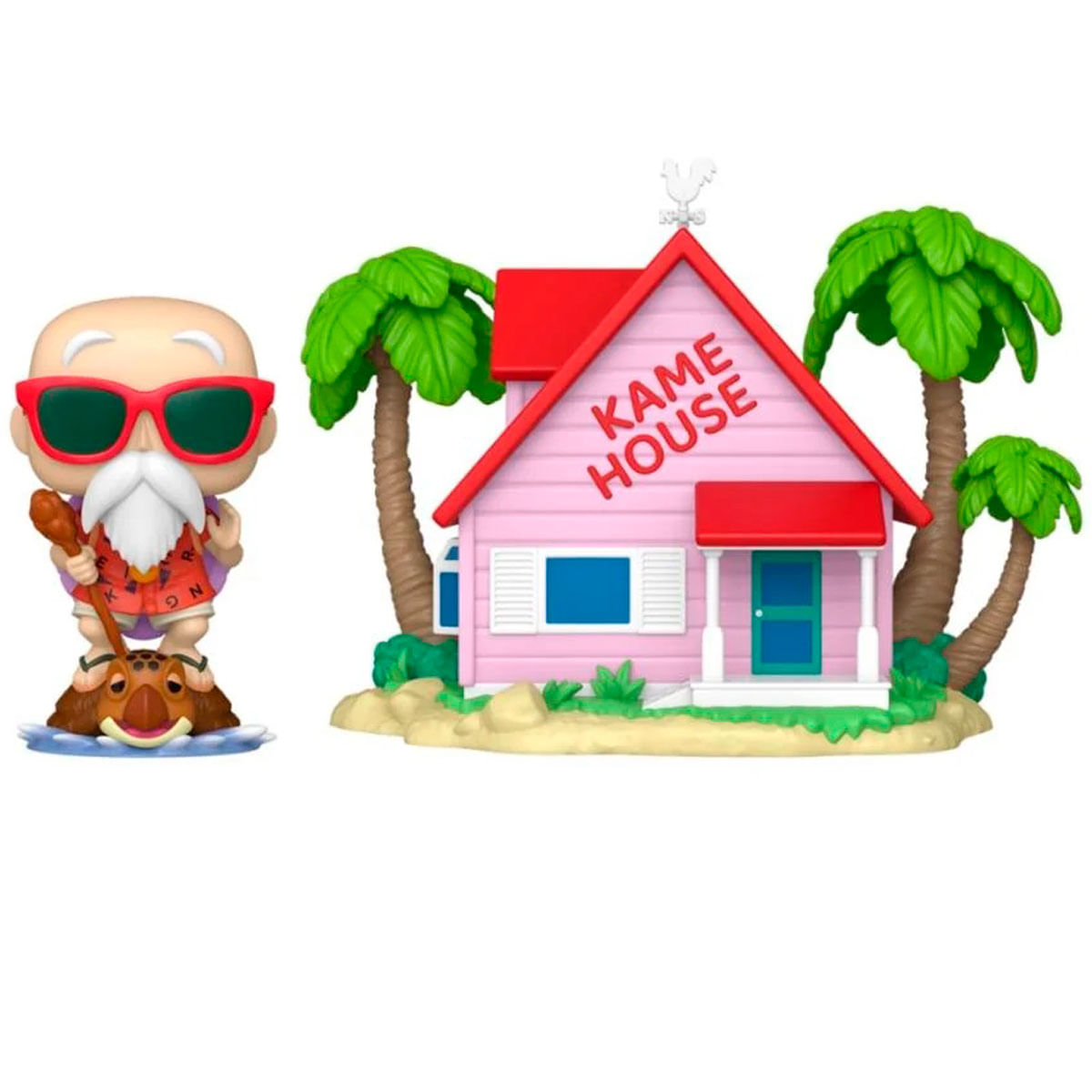 Figura Funko Pop di Muten Roshi e Kame House da Dragon Ball. Roshi su una tartaruga, occhiali da sole rossi.