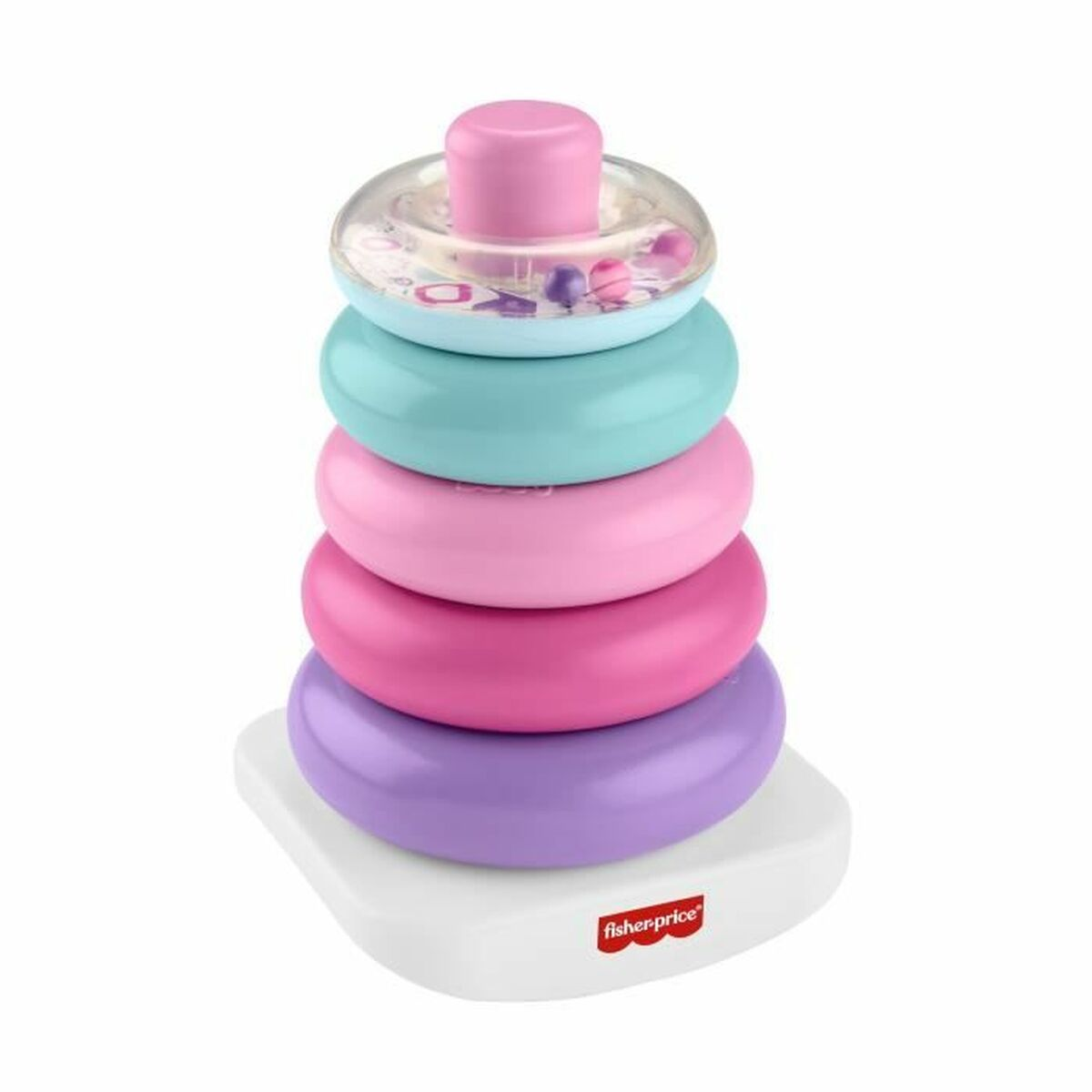 Un giocattolo colorato con anelli impilati, base e parte superiore. Anelli blu, rosa e viola.