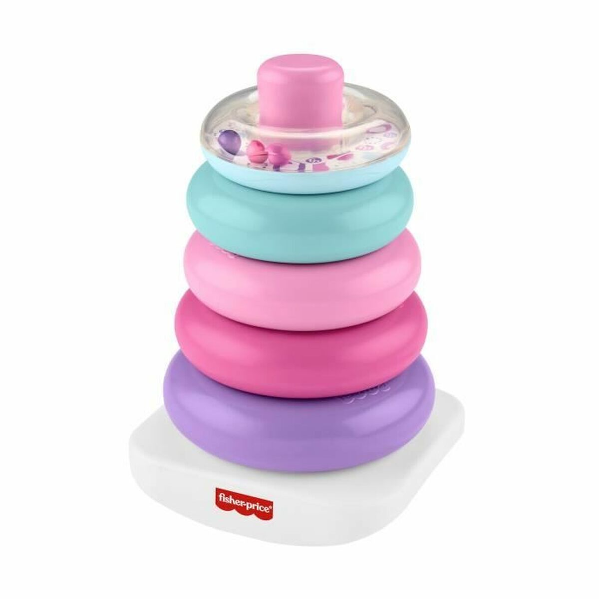Un giocattolo colorato con anelli impilati, base e parte superiore. Anelli blu, rosa e viola.