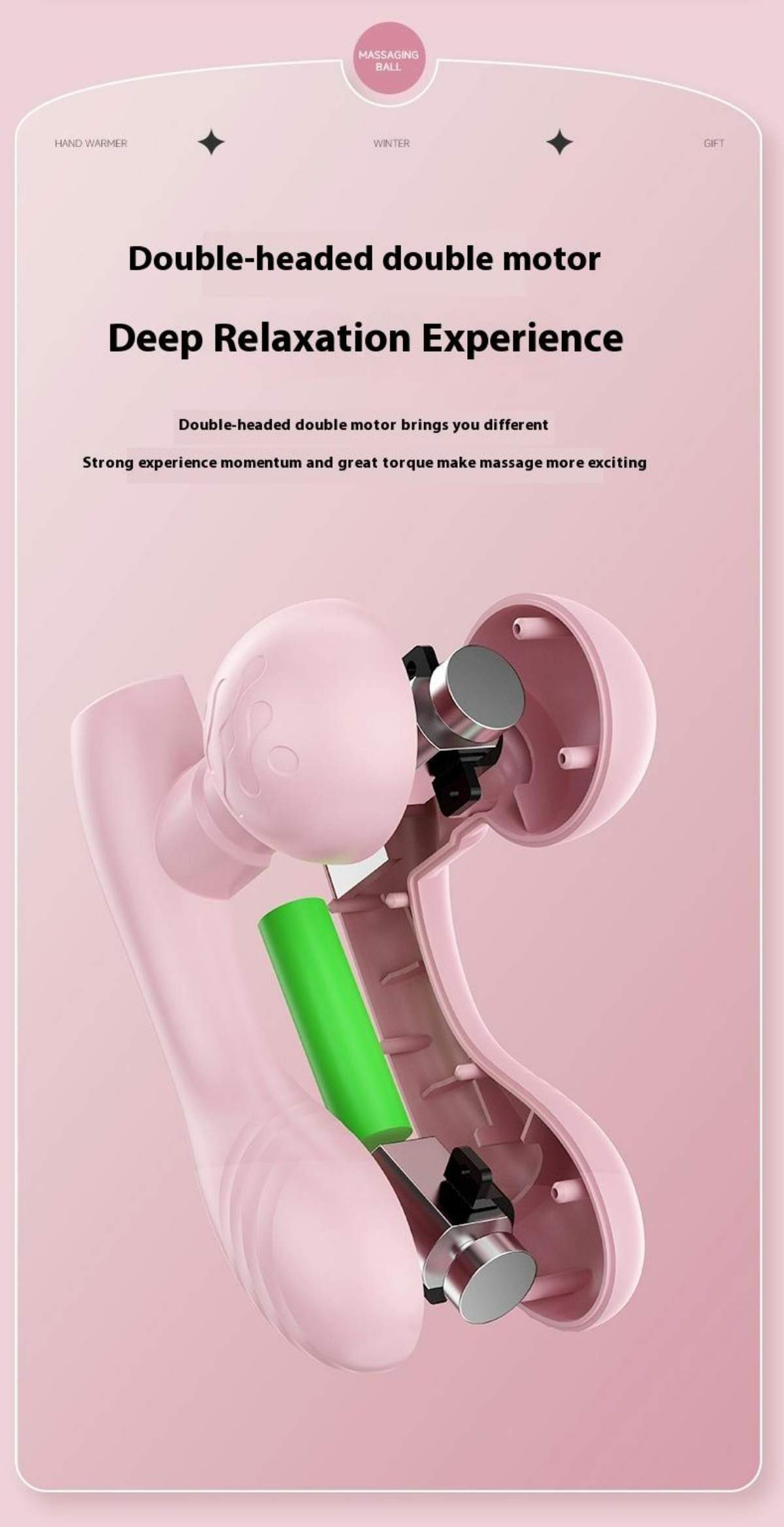 Rosa Massagegerät mit zwei Köpfen, einer grünen Batterie und den Worten 'Deep Relaxation Experience'.