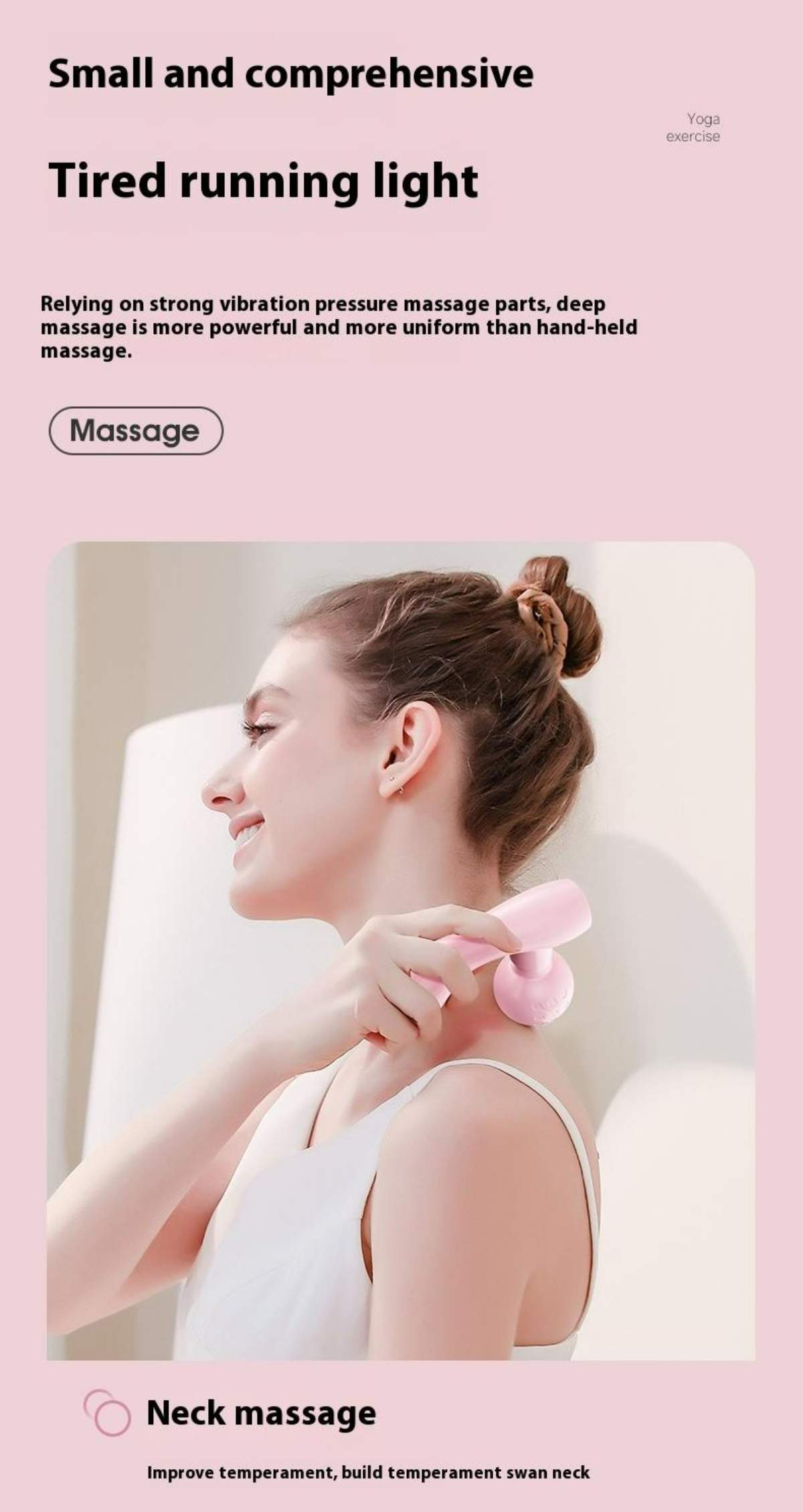 Frau benutzt ein rosa Massagegerät an ihrem Hals. Text sagt Nackenmassage und klein und umfassend.