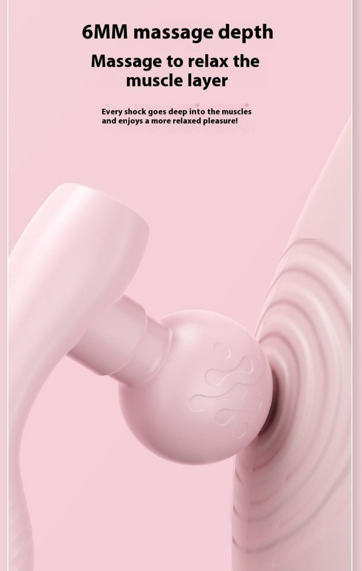Nahaufnahme des Kopfes eines rosa Massagegeräts, das gegen eine Oberfläche gedrückt wird, wobei die Massagetiefe betont wird.
