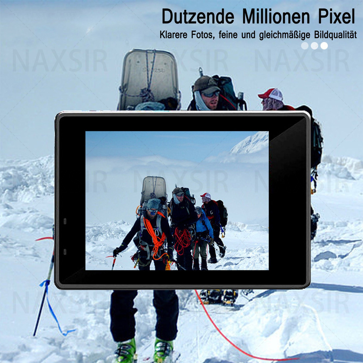 Ein Tablet, das eine Gruppe von Menschen zeigt, die im Schnee in einer Berglandschaft gehen.