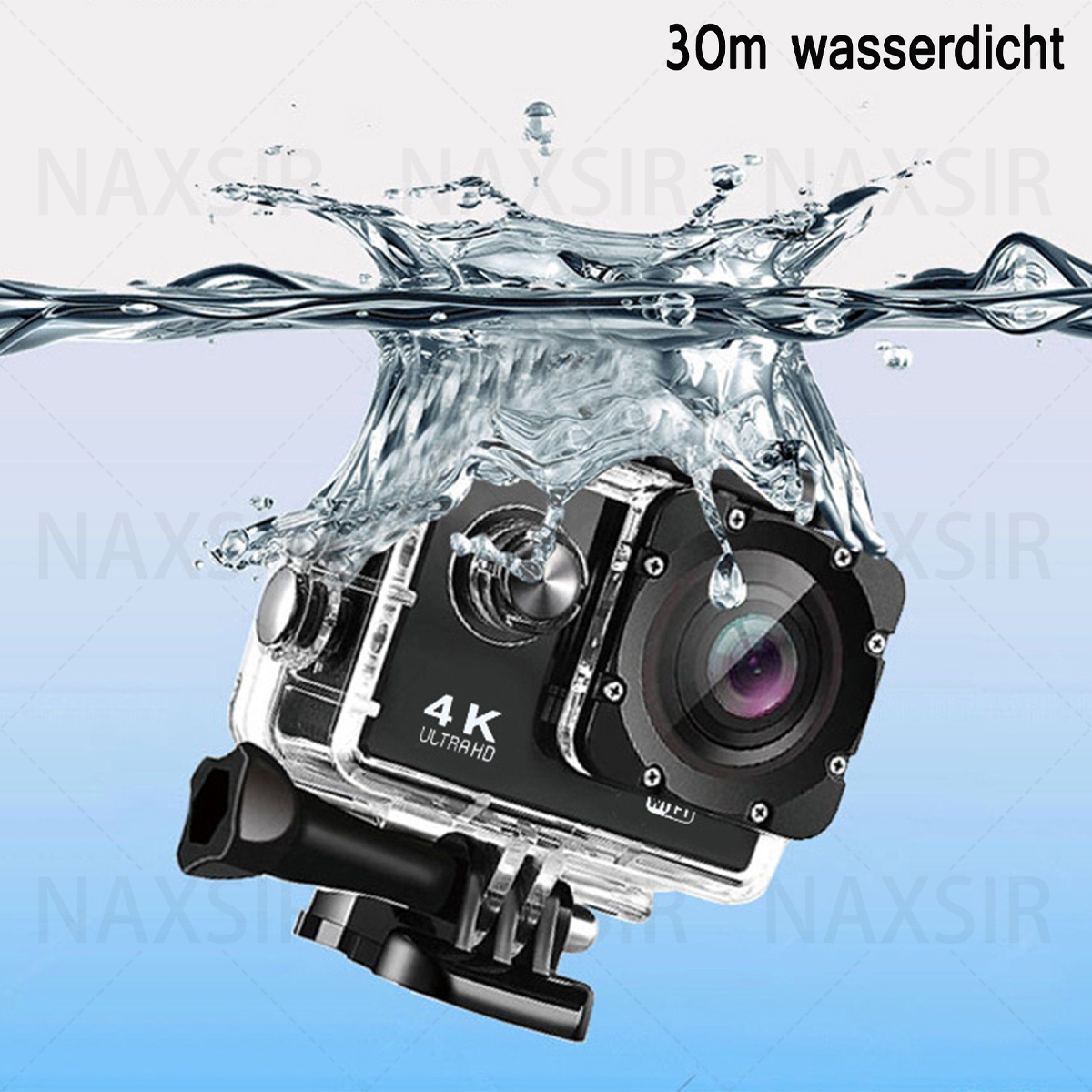 Unterwasseraufnahme einer schwarzen Action-Kamera mit spritzendem Wasser. Text: 30m wasserdicht.