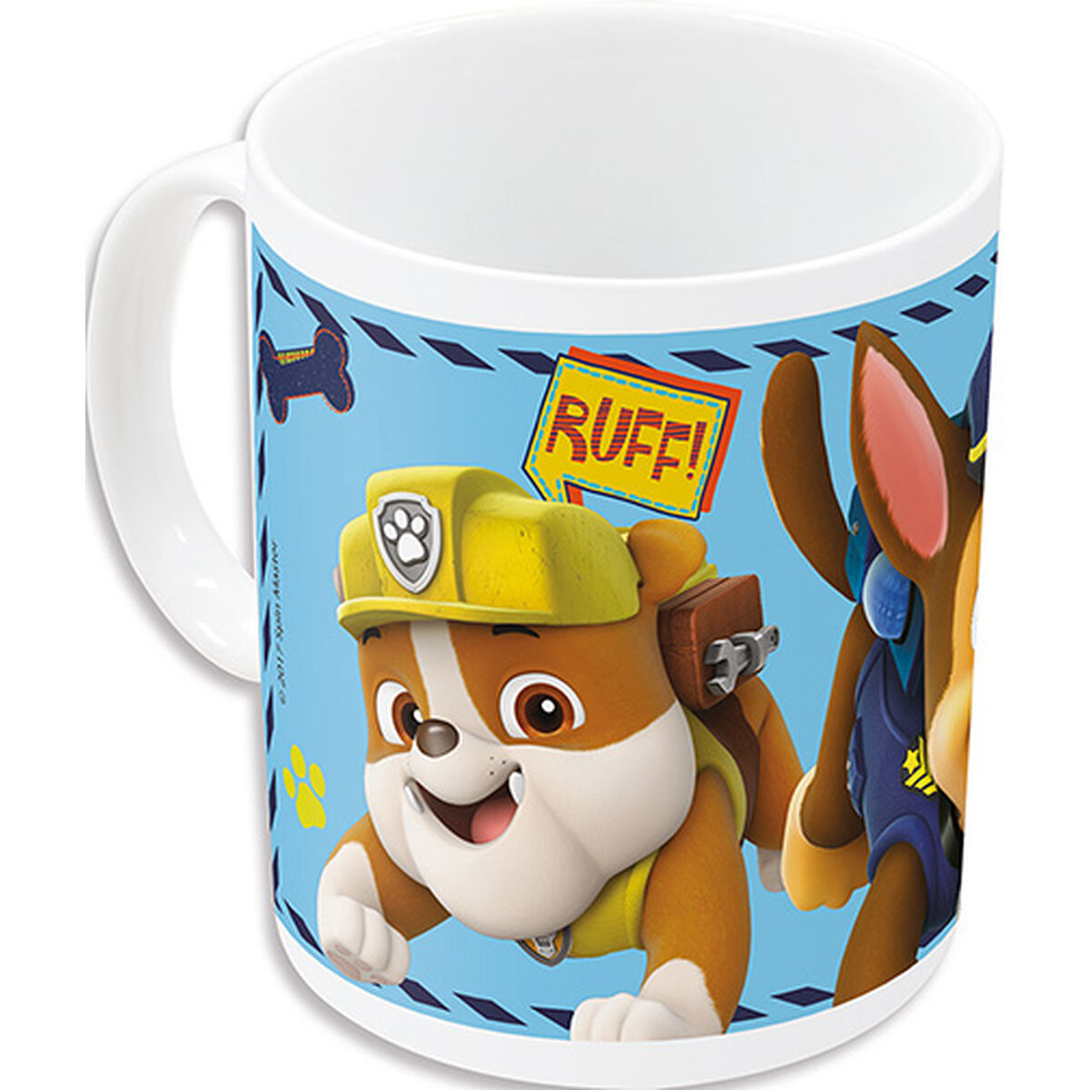 Una tazza bianca con personaggi dei cartoni animati di Paw Patrol.