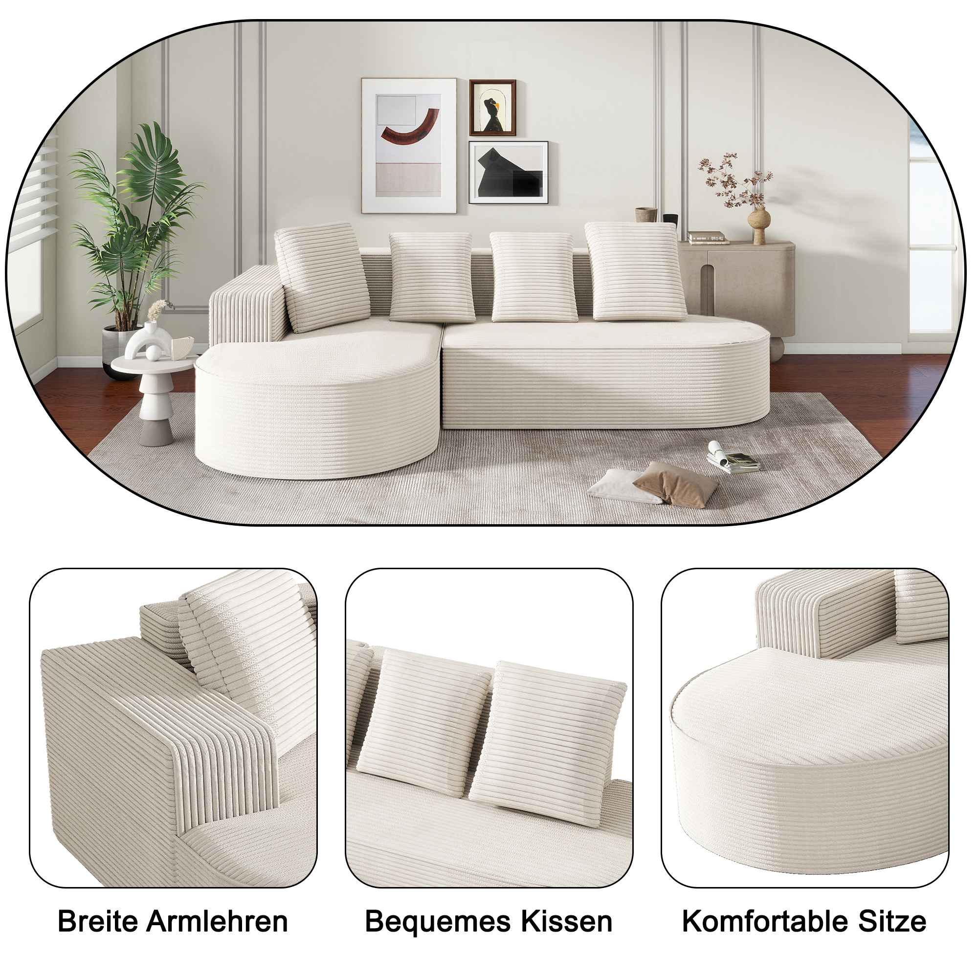 Ein weißes Sofa in einem Raum mit drei Nahaufnahmen. Das Sofa ist oval geformt.