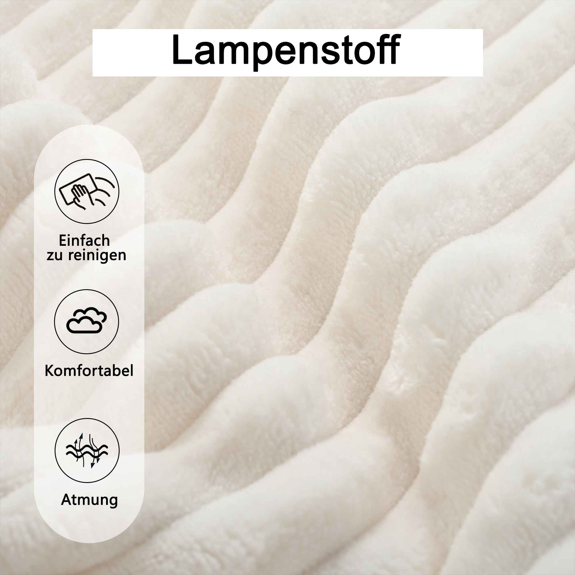 Nahaufnahme eines flauschigen, cremefarbenen Stoffes mit wellenartigen Mustern. Text sagt 'Lampenstoff'.