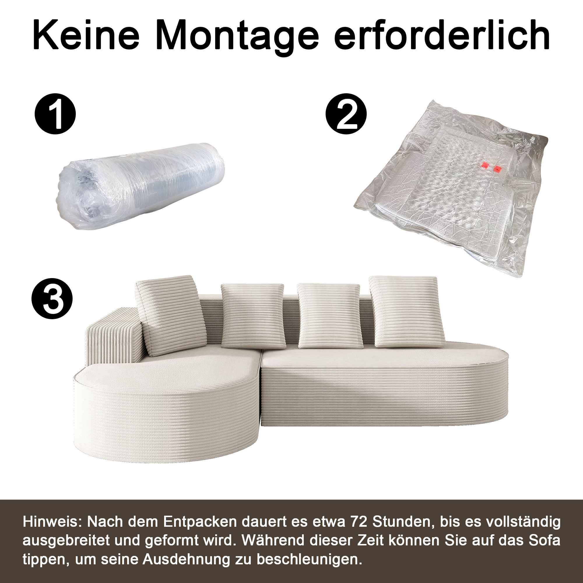 Drei Artikel: eine gerollte Plastikfolie, eine versiegelte Tüte und ein Ecksofa. Text: Keine Montage erforderlich.