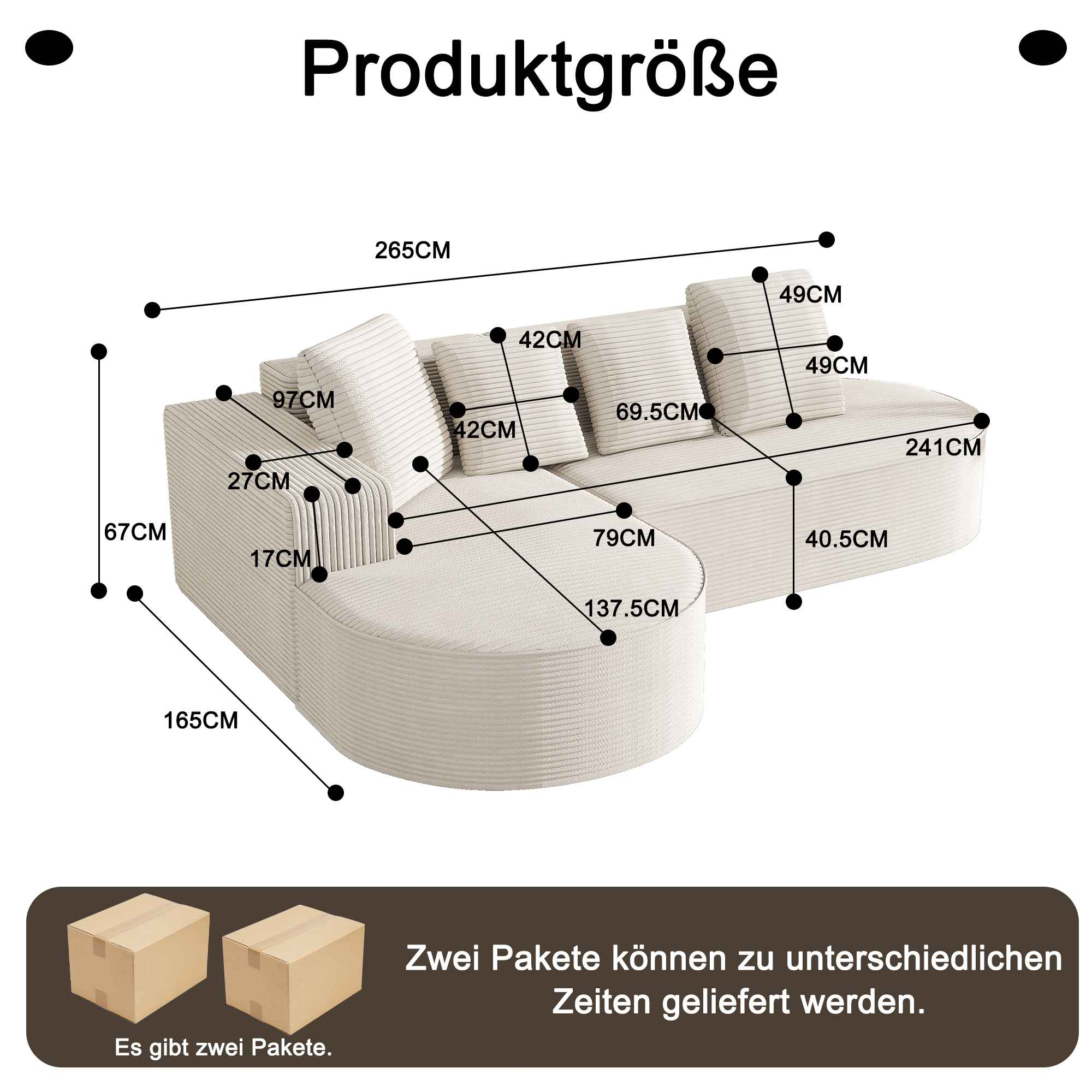 Ein Diagramm mit Sofamaßen. Das Sofa ist beige. Boxen unten sagen 'Es gibt zwei Pakete'.