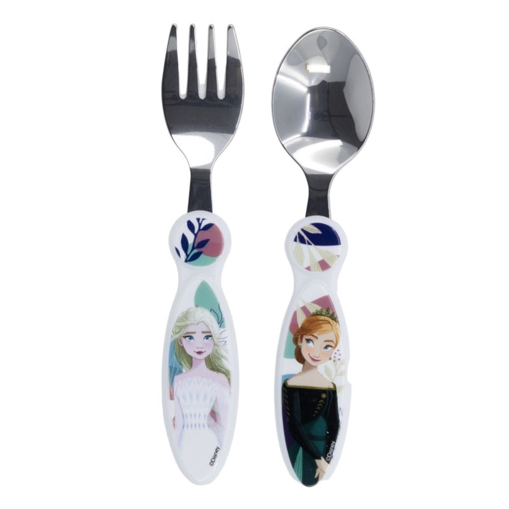 Set forchetta e cucchiaio Disney Frozen con immagini di Elsa e Anna su manici bianchi.