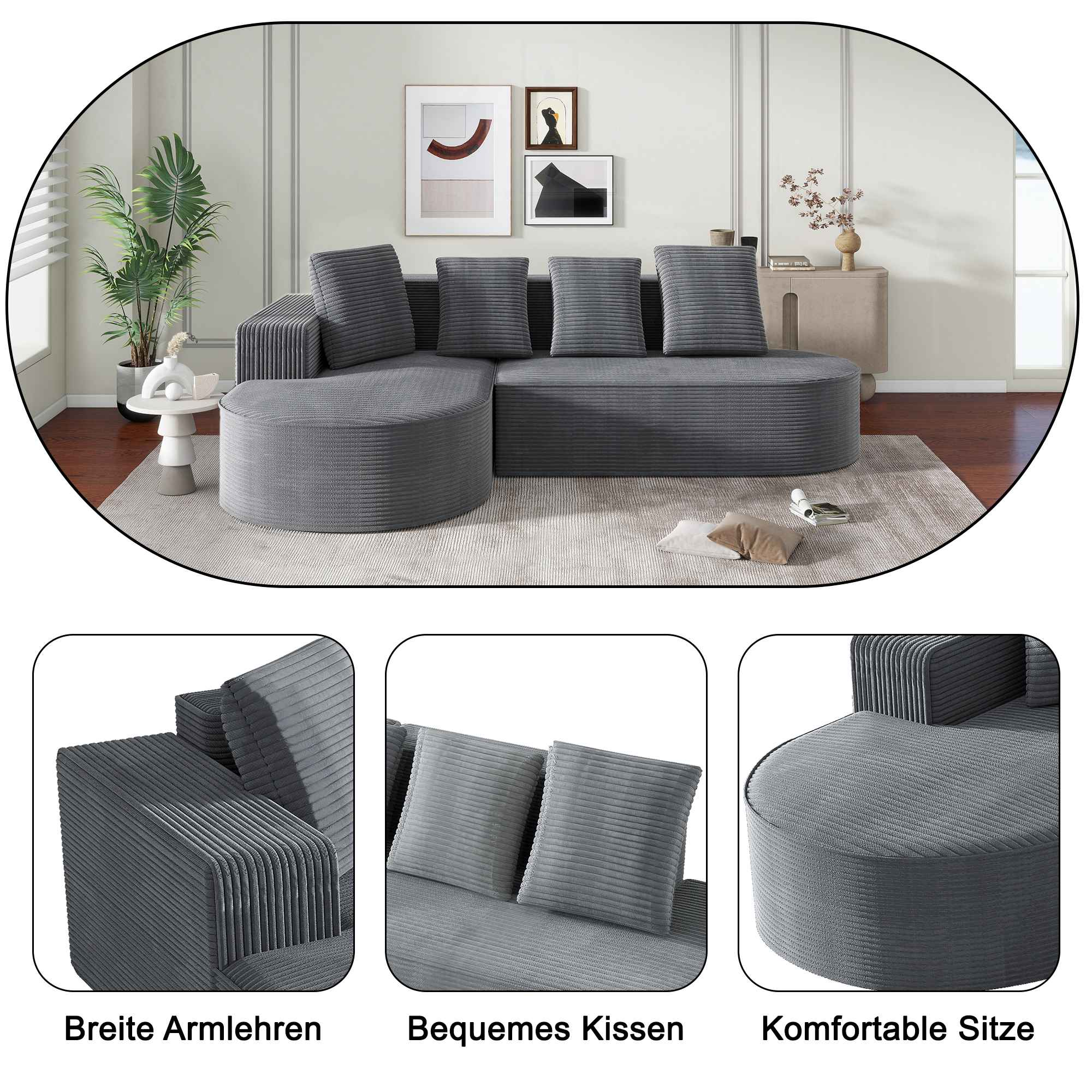 Ein graues Ecksofa in einem Raum mit drei Nahaufnahmen. Das Sofa ist oval geformt.