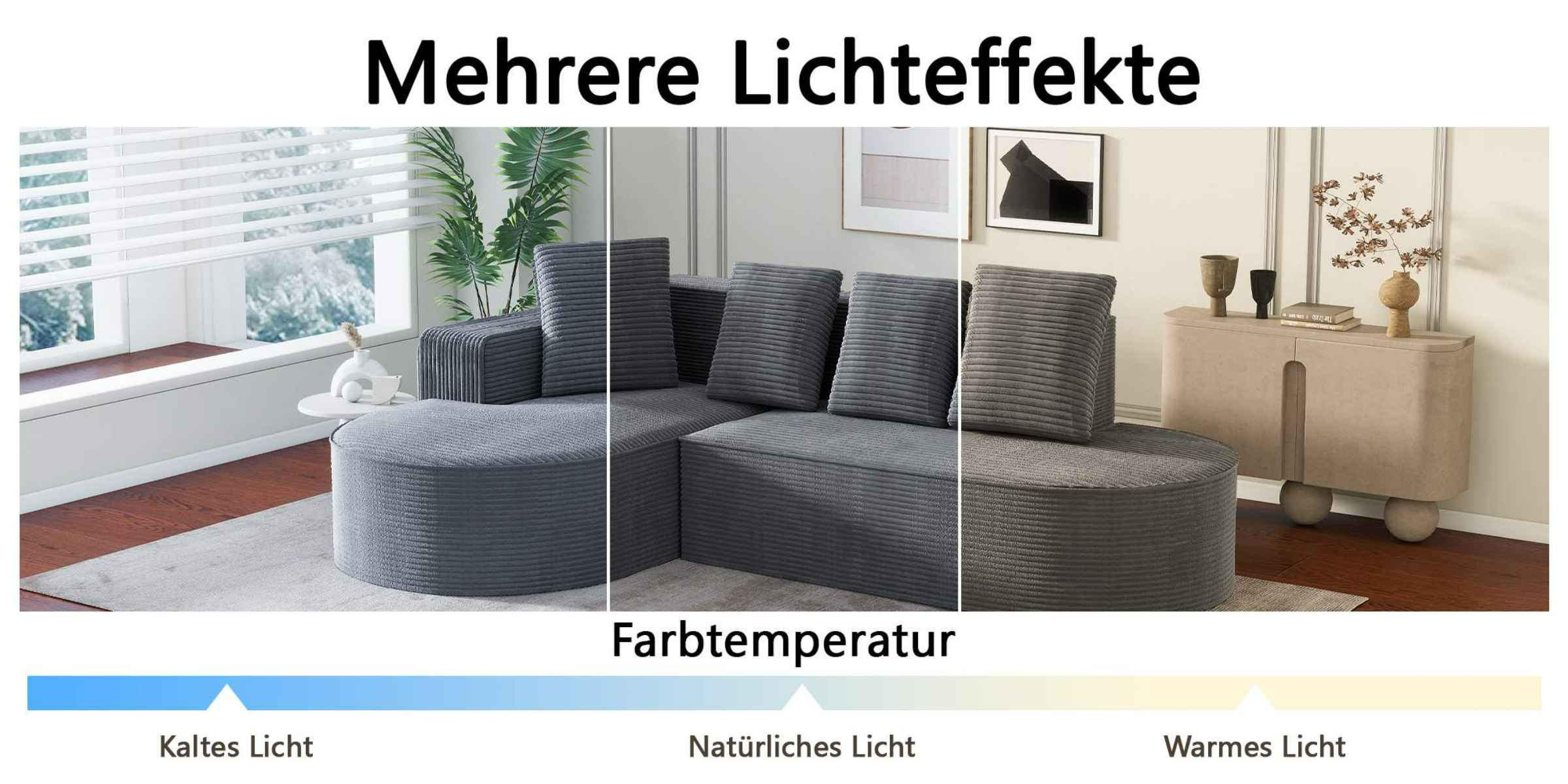 Das Bild zeigt ein graues Ecksofa mit Kissen. Der Text oben lautet 'Mehrere Lichteffekte'.