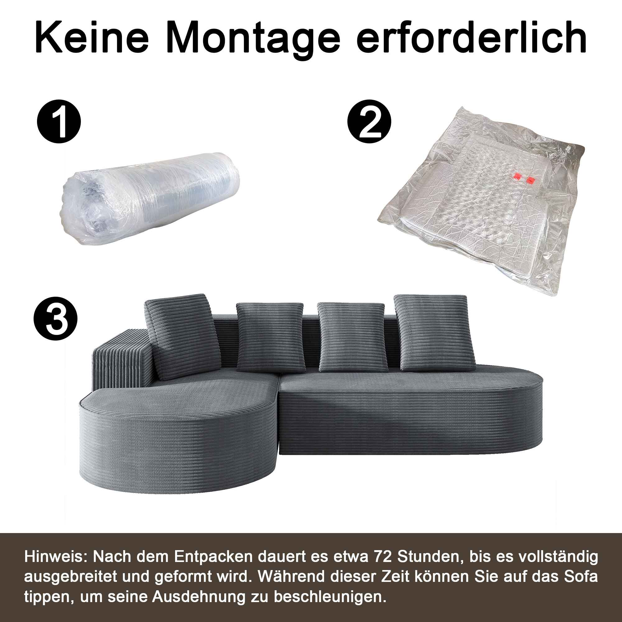Drei Gegenstände: eine gerollte Plastikfolie, ein verpackter Artikel und ein graues Ecksofa. Der Text lautet 'Keine Montage'.