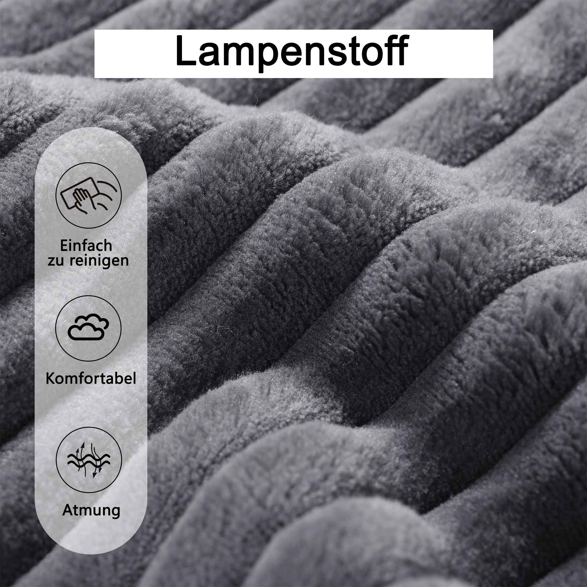 Nahaufnahme der grauen Cordstoffstruktur mit Symbolen, die einfache Reinigung, Komfort und Atmungsaktivität anzeigen.