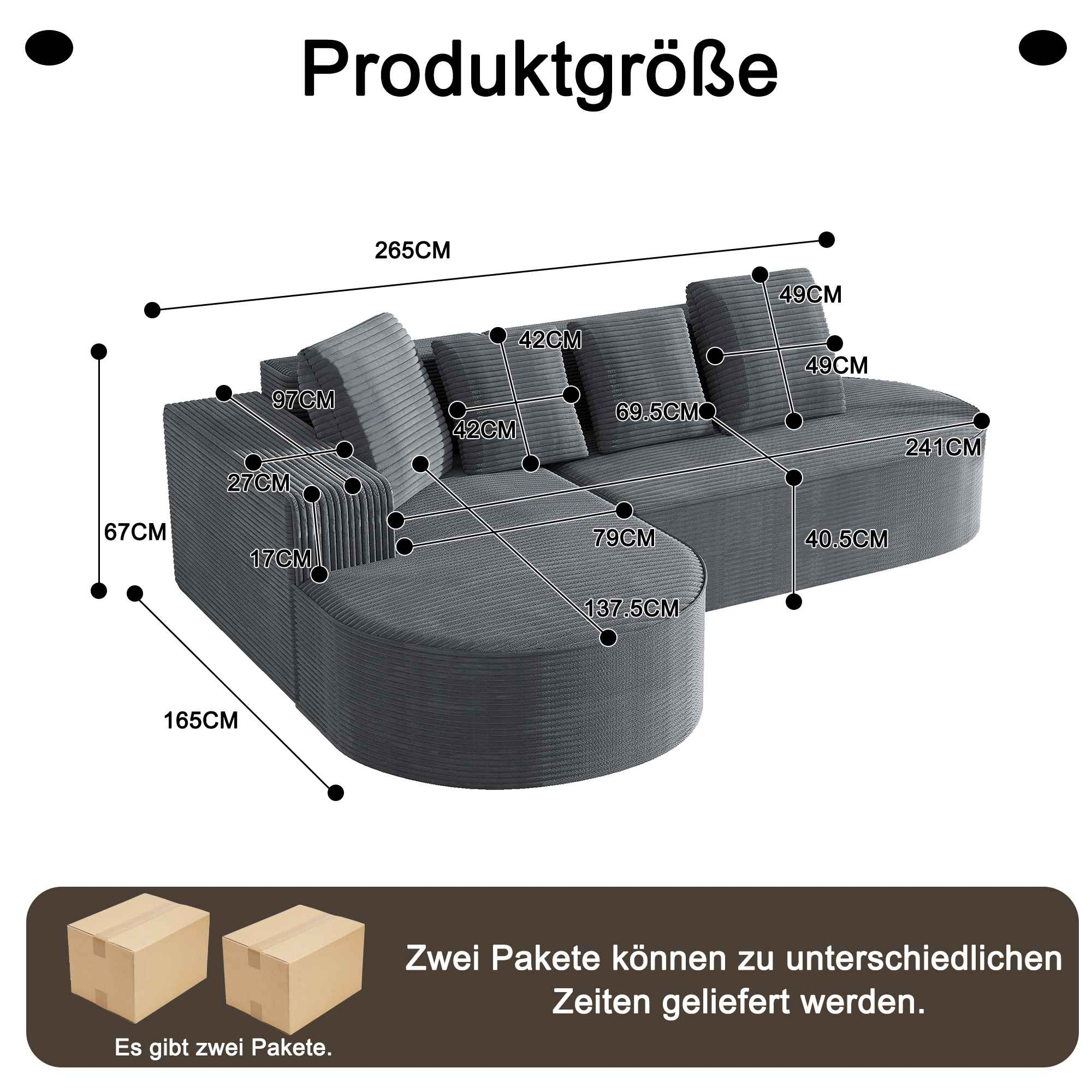 Diagramm eines grauen Ecksofas mit Abmessungen in Zentimetern. Unten sind zwei Pakete abgebildet.